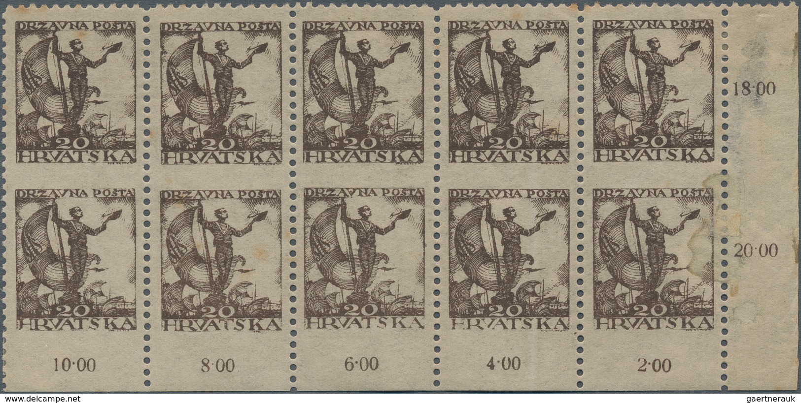 Jugoslawien: 1919. "Sailor With Standard". 20 F Brown, Perf L 11 1/2. Very Fine Mint (six Stamps Nev - Other & Unclassified