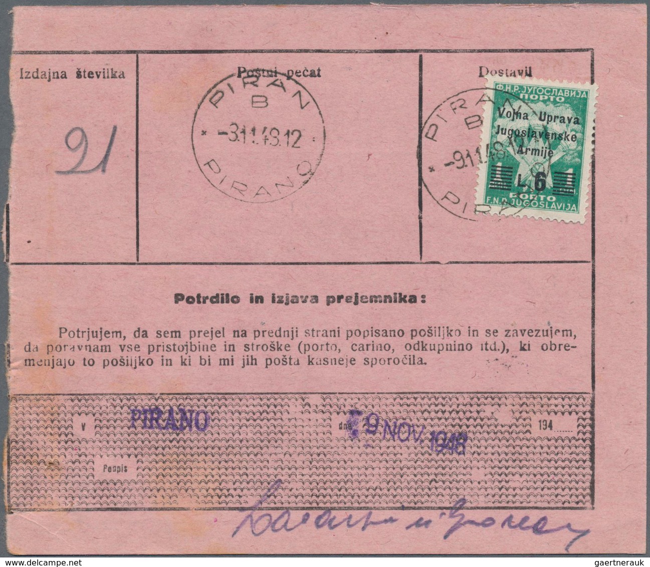 Jugoslawien - Portomarken: 1948, Replacement Form For Incoming Parcels From USA Via "KOPER 22.X.48" - Strafport