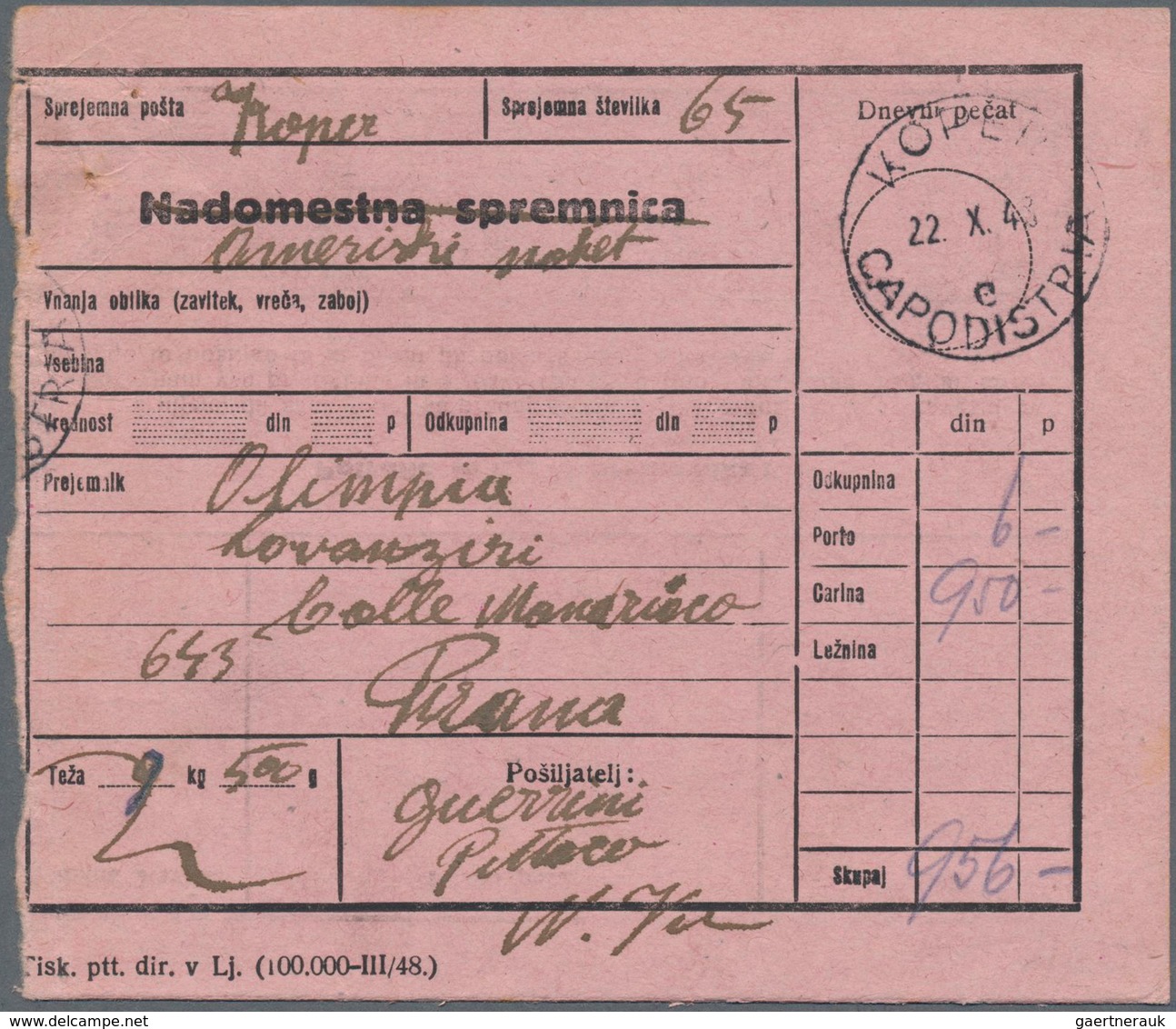 Jugoslawien - Portomarken: 1948, Replacement Form For Incoming Parcels From USA Via "KOPER 22.X.48" - Postage Due