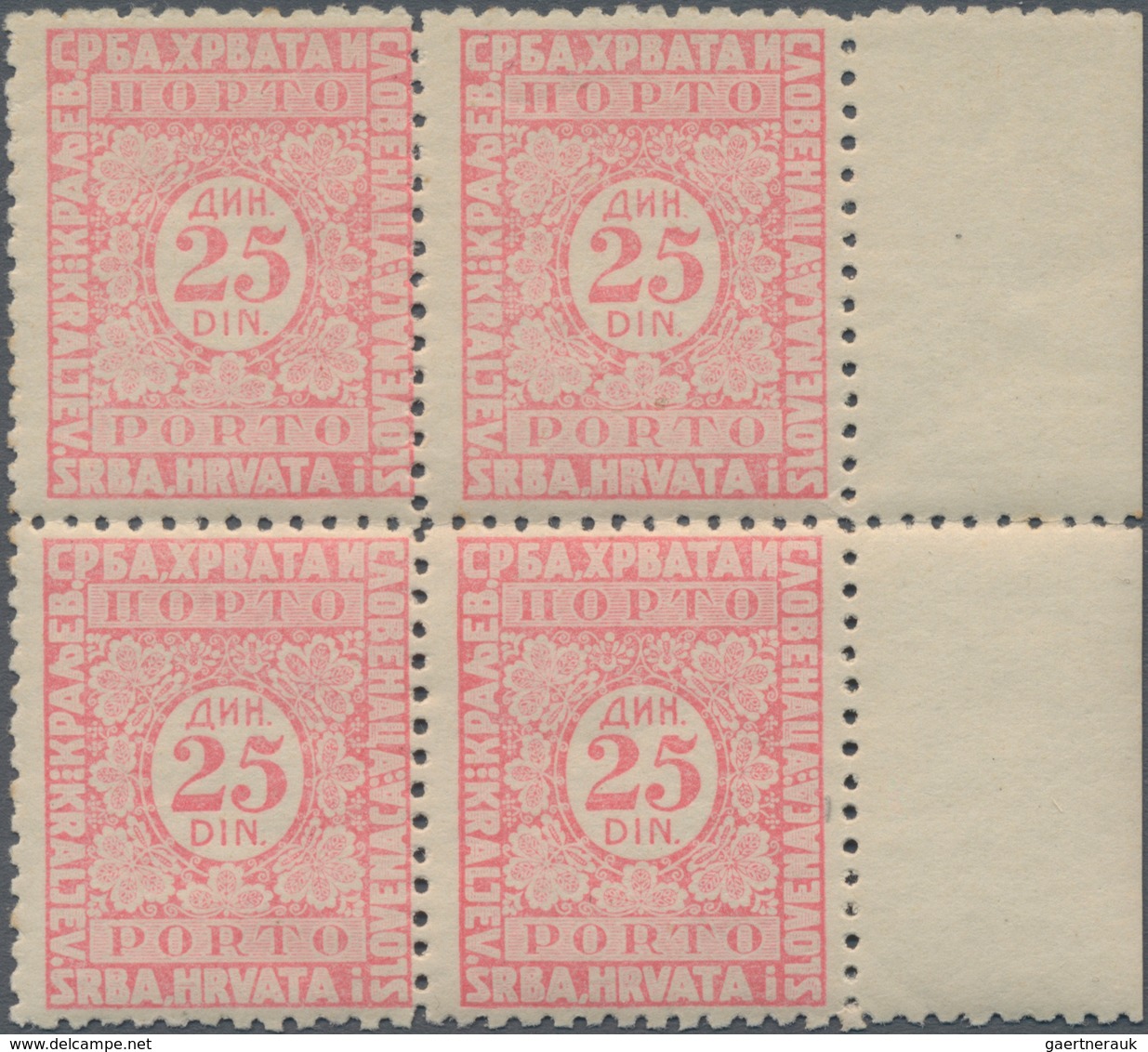 Jugoslawien - Portomarken: 1921/1931, 25din. Rose, Perf. 10½, Right Marginal Block Of Four, Mint Nev - Postage Due