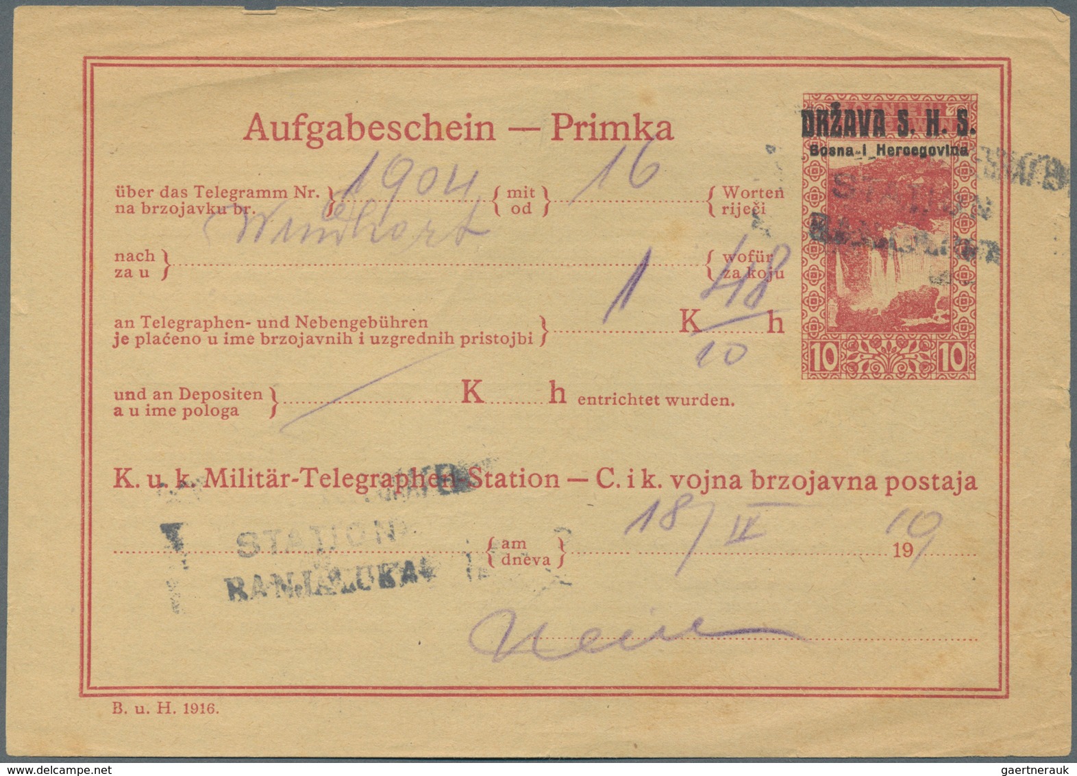 Jugoslawien - Ganzsachen: 1919 Used Receipt For Telegrams With Imprint "DRZAVA S.H.S./Bosna I Herzeg - Postal Stationery