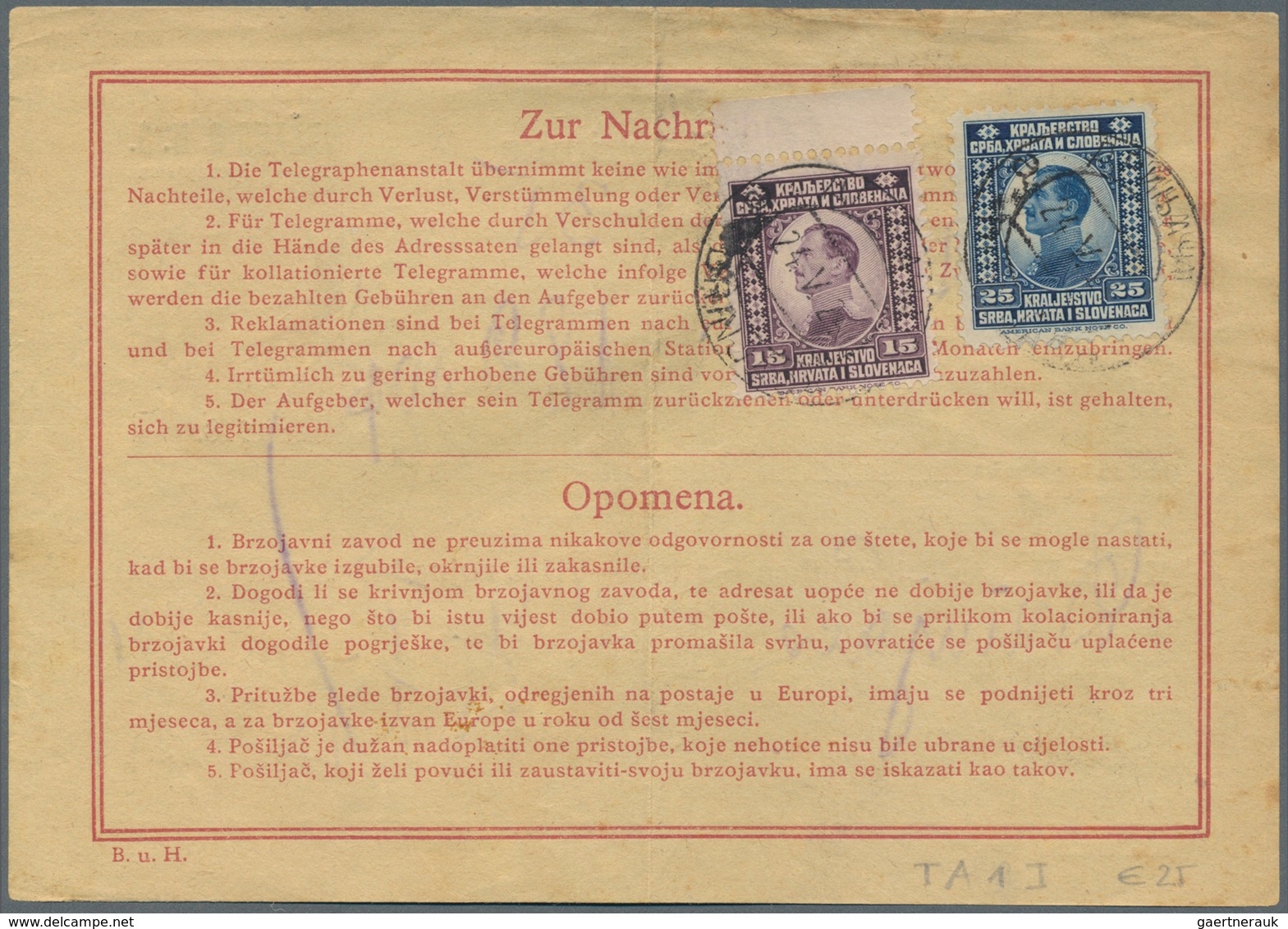 Jugoslawien - Ganzsachen: 1919/24 Two Used Receipts For Telegrams With Imprint "DRZAVA S.H.S./Bosna - Postwaardestukken