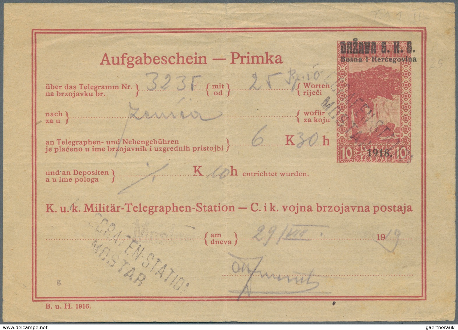 Jugoslawien - Ganzsachen: 1919/24 Two Used Receipts For Telegrams With Imprint "DRZAVA S.H.S./Bosna - Postal Stationery