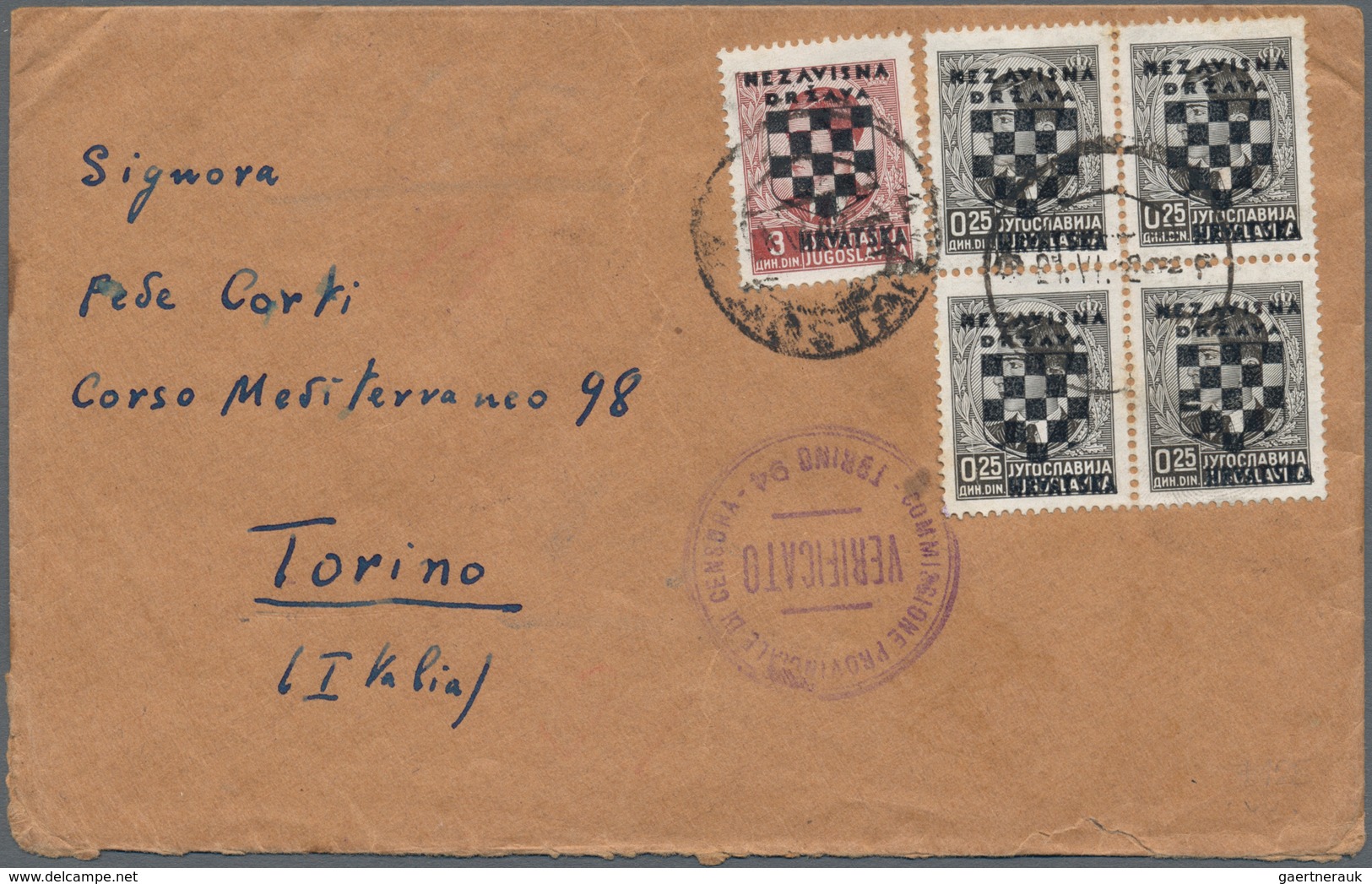 Kroatien: 1942. Brown Envelope To Italy, Correctly Franked With 4D And Paid With 0,25 D Brown-black - Croatia