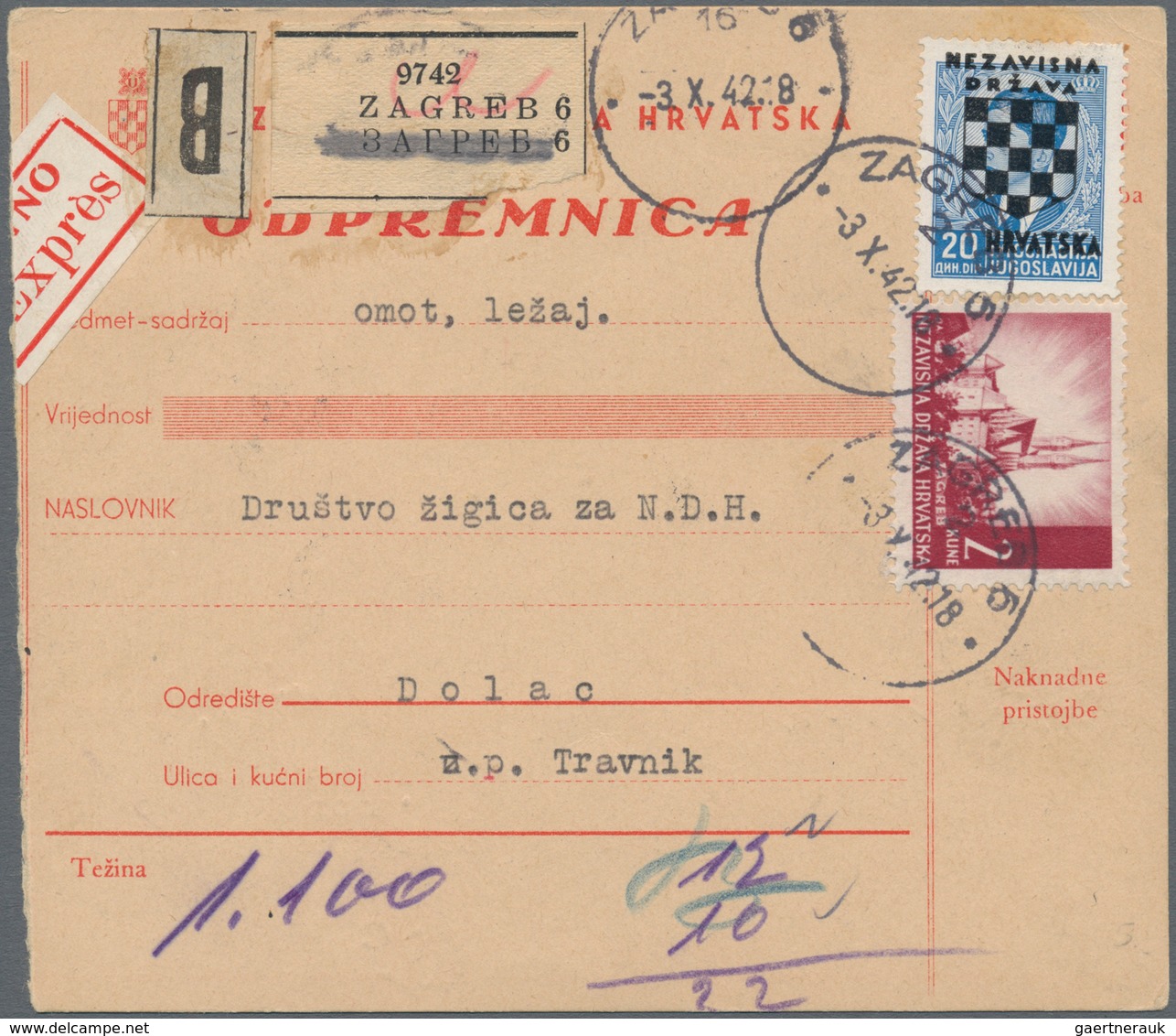 Kroatien: 1942. 50b Red/chamois Parcel Card Accompanying A Small Parcel Of 1.1 Kg, Most Unusually Pr - Croatia