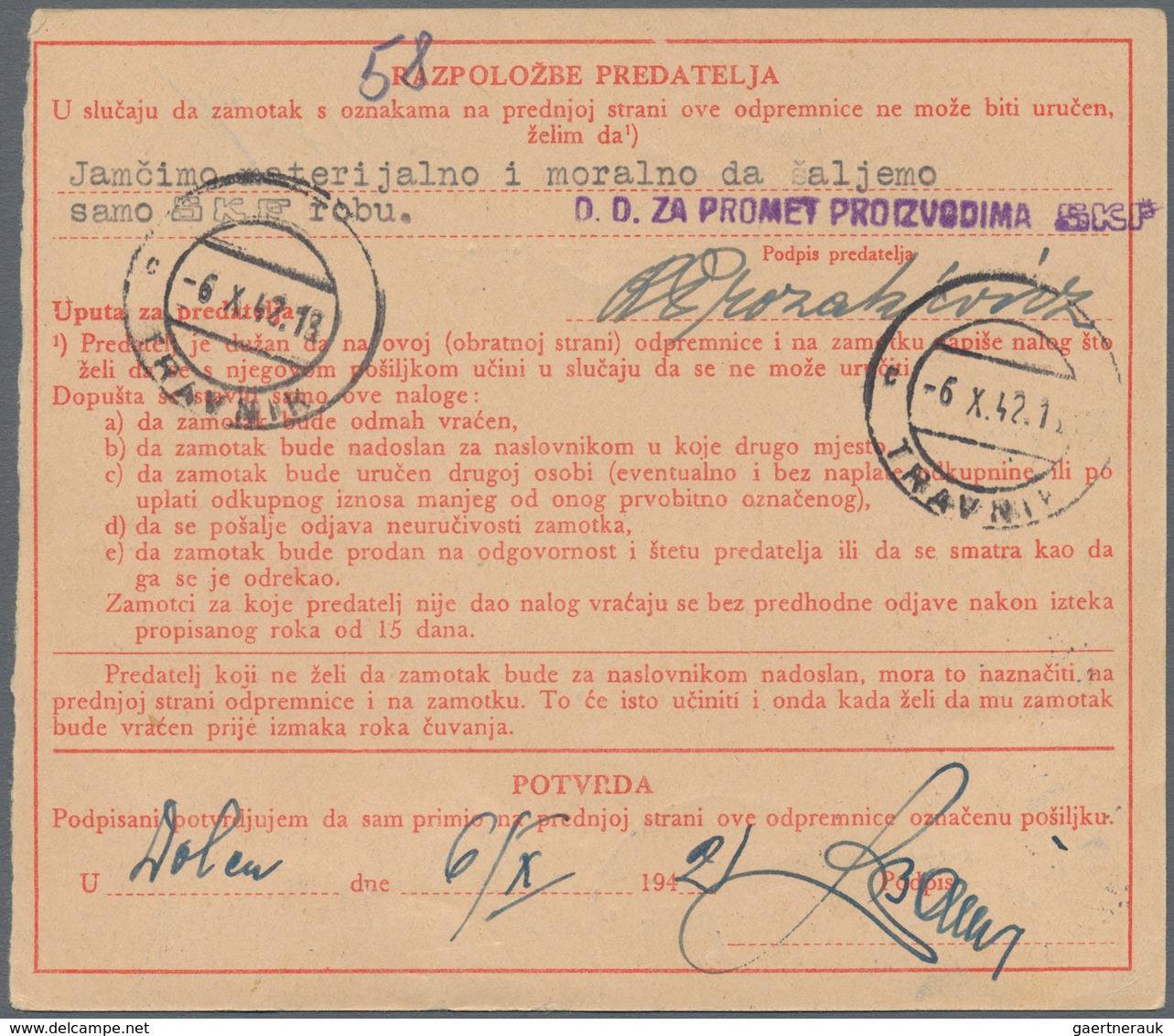 Kroatien: 1942. 50b Red/chamois Parcel Card Accompanying A Small Parcel Of 1.1 Kg, Most Unusually Pr - Kroatië