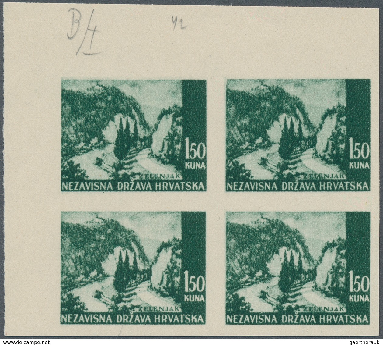 Kroatien: 1941. Pictorials (Zalenjak). 1,50K Balckish-green, IMPERFORATED, Coated White Carton Paper - Croatia