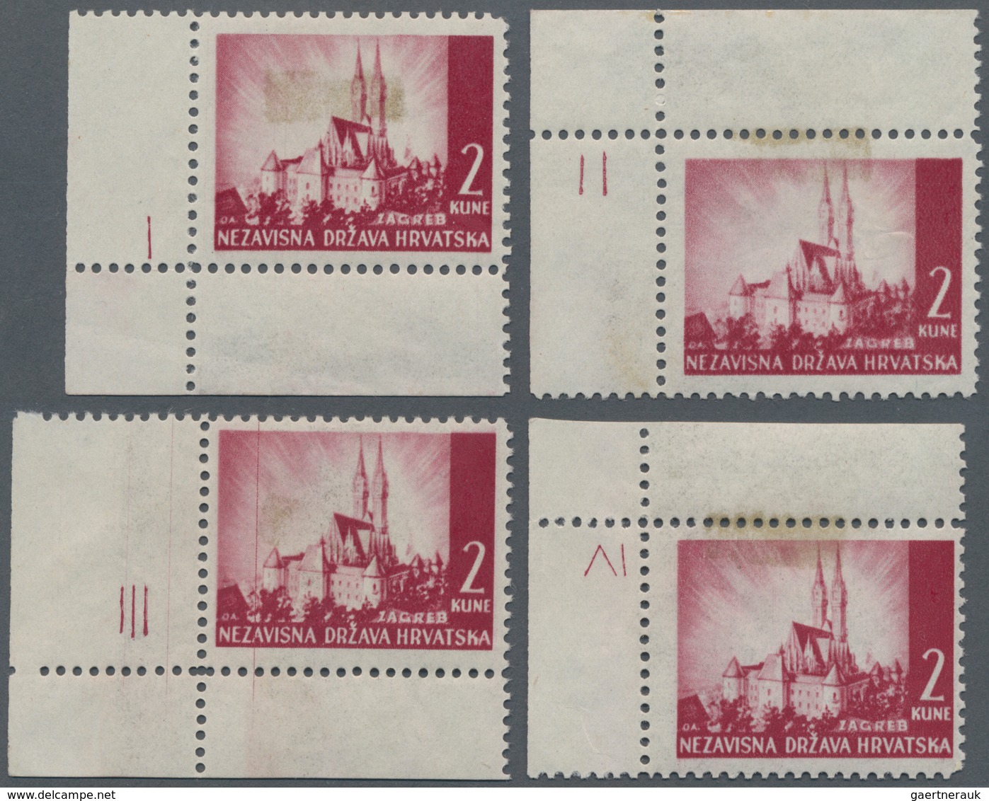 Kroatien: 1941 (15 Aug). Pictorials (Zagreb Cathedral). 2K Brown-carmine, Ordinary Paper, Four Mint - Kroatië