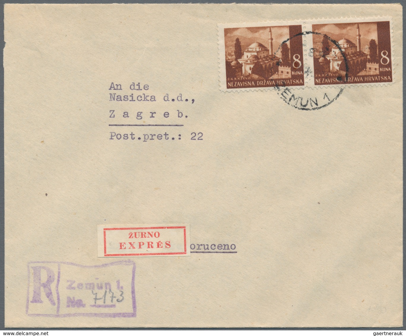 Kroatien: 1942. Registered, Express Letter To A Business In ZAGREB, Franked 8K Deep Brown (horizonta - Kroatië