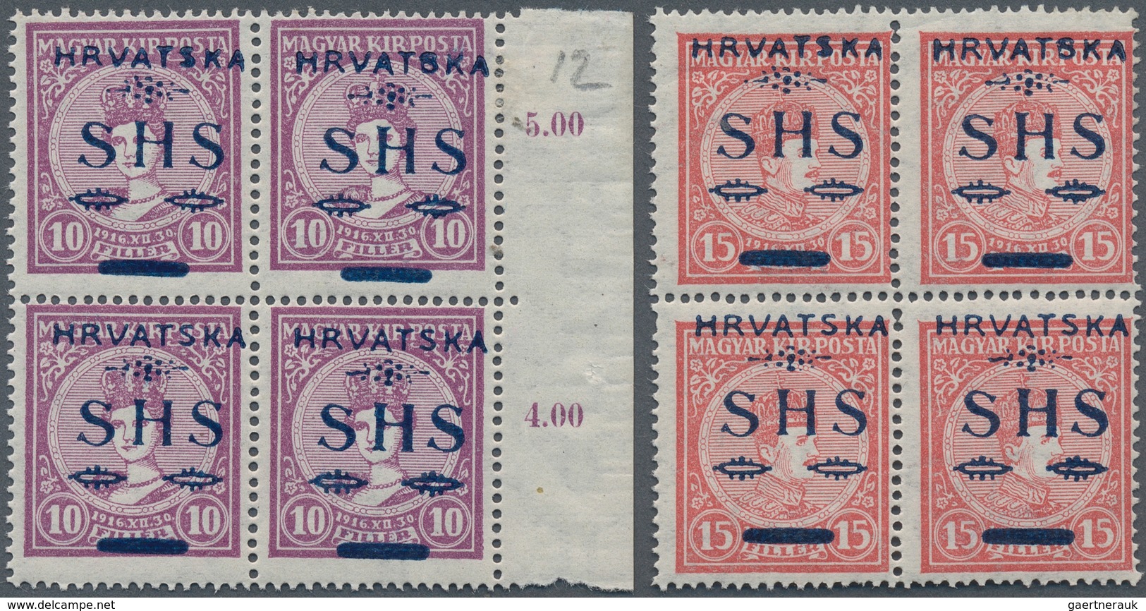 Kroatien: 1918, Stamps Of Hungary Overprinted "HRVATSKA SHS", Two Values, Mint Never Hinged Block Of - Kroatië