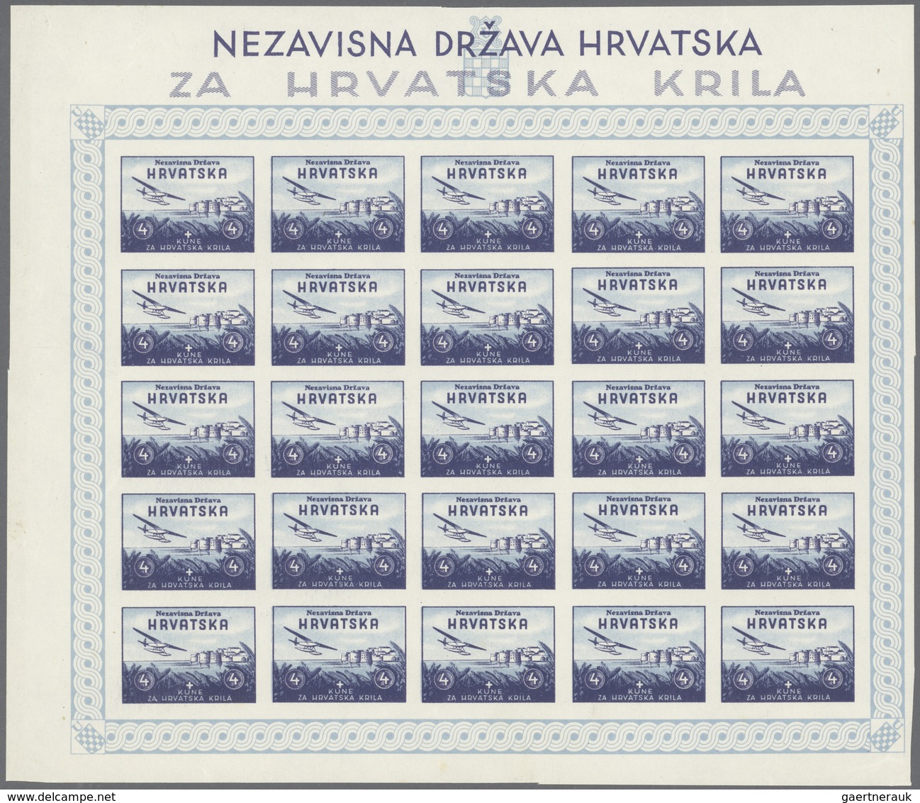 Kroatien: 1942. Aviation Fund (Seaplane Glider). 4 K + 4 K Blue. Mint Never Hinged Complete Sheet Of - Croatia