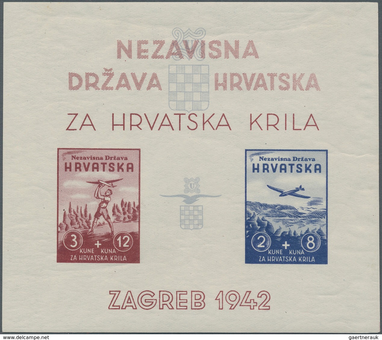 Kroatien: 1942. Aviation Fund. 3K + 12 K Brown Carmine And 2K+ 8 K Deep Blue, Imperforated, BUT WITH - Kroatië