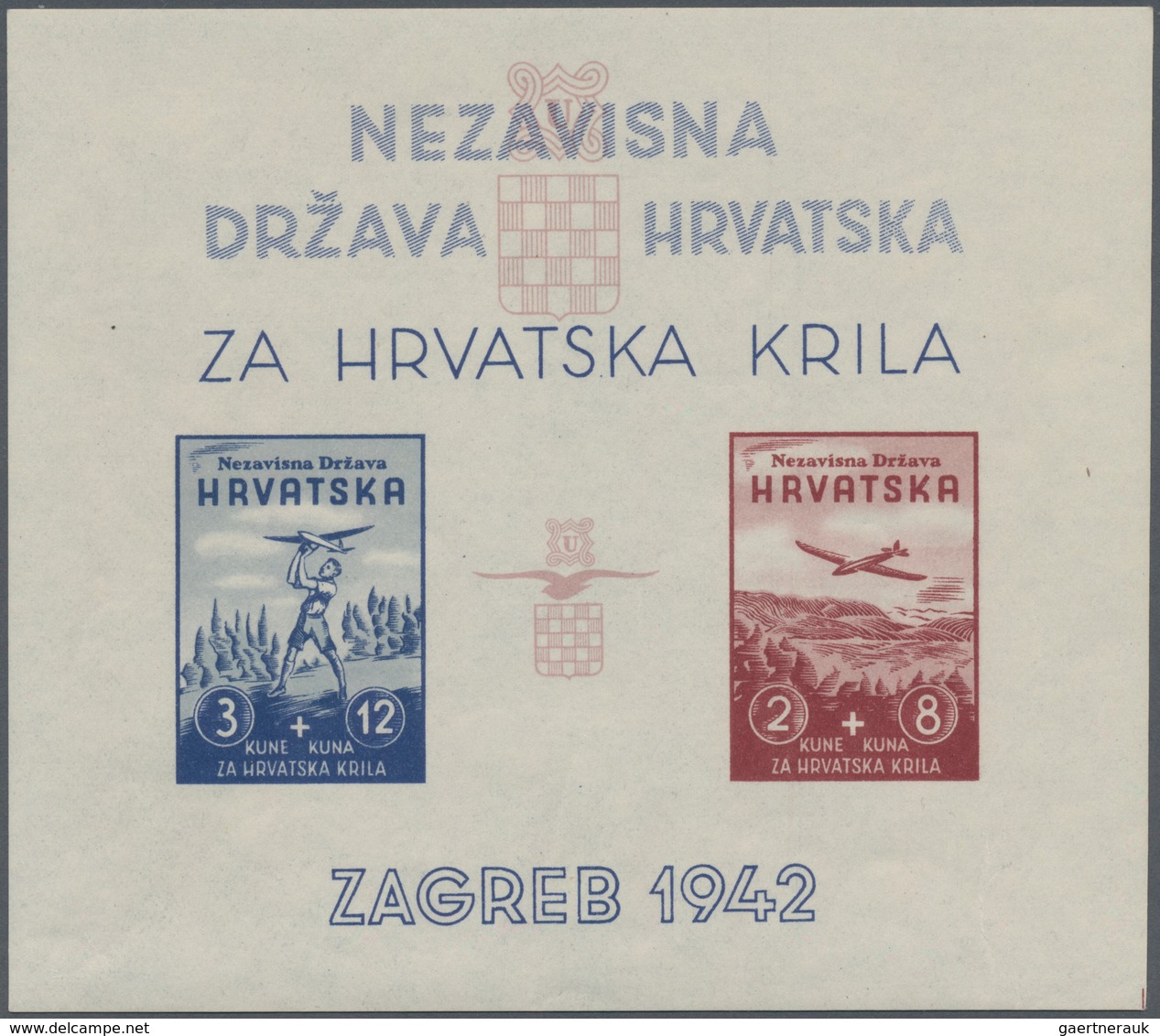 Kroatien: 1942. Aviation Fund. 3K+12K Brown Carmine And 2K+8K Deep Blue, Imperforated, With POSITION - Kroatië