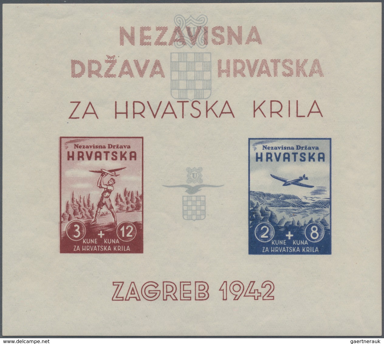 Kroatien: 1942. Aviation Fund. 3K+12K Brown Carmine And 2K+8K Deep Blue, Imperforated, With POSITION - Croatia