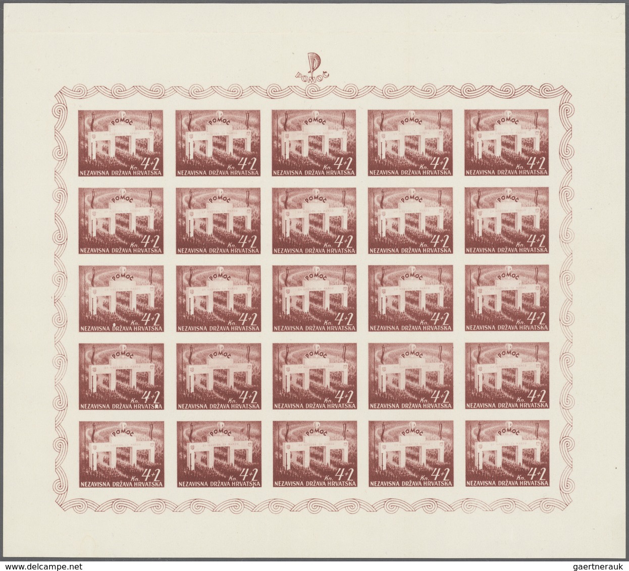 Kroatien: 1942 (5 July). National Relief Fund (“Pomoc”). COLOUR TRIALS 4+2K Carmine-red, IMPERF, Ung - Kroatië