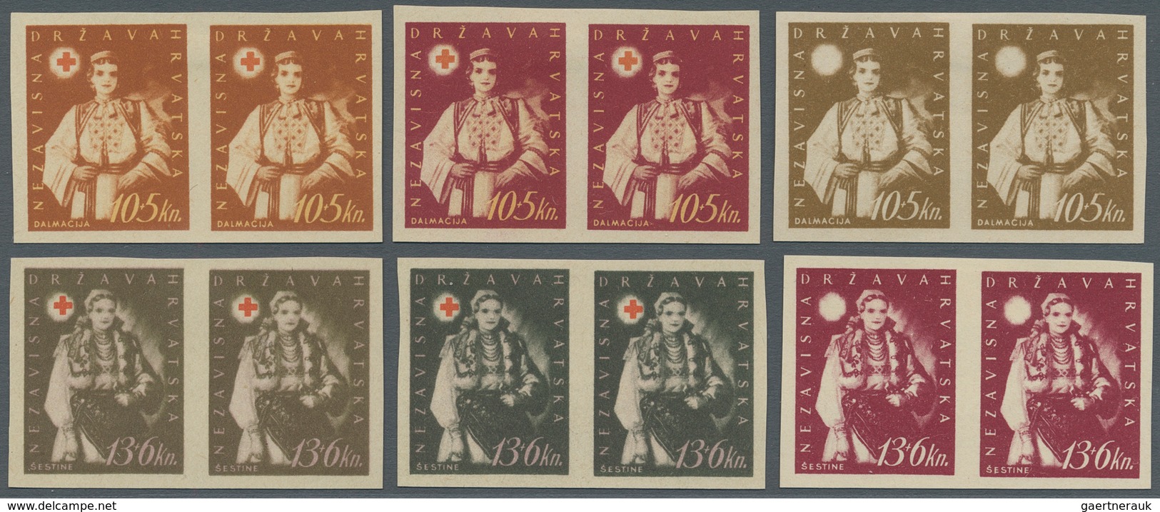 Kroatien: 1942 (4 Oct). Red Cross Fund. Two Sets Of Five Of COLOUR TRIALS, Ungummed Thick Paper, IMP - Kroatien