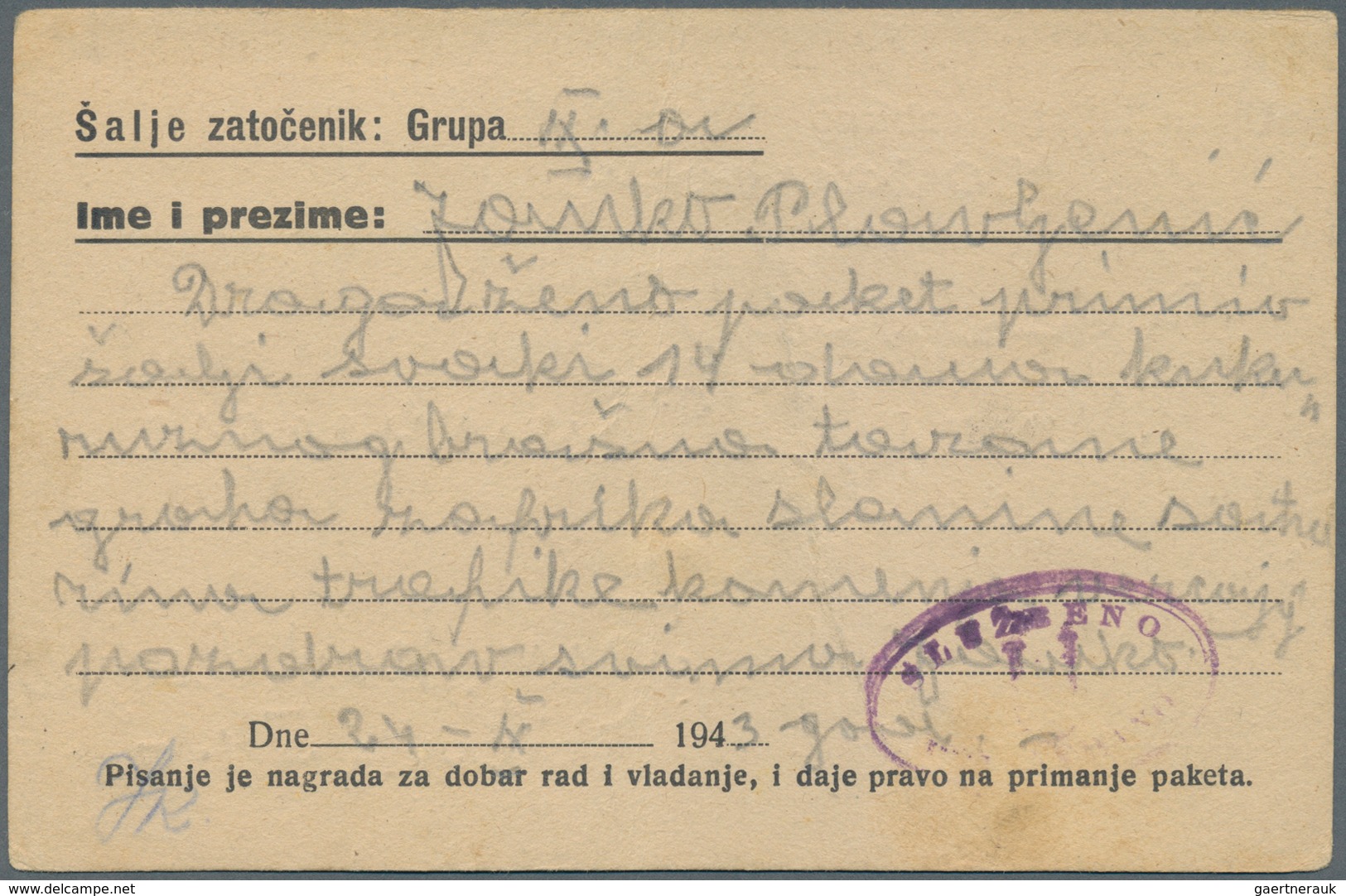 Kroatien: 1943 . Jasenovac Camp. General Form (name Of Camp In Manuscript), To An Address In TENJE, - Kroatië