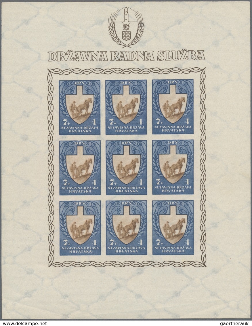 Kroatien: 1943. Labour Front. COLOUR TRIAL. 7K + 4K Blue-grey, IMPERFORATED, Ungummed Watermarked Pa - Kroatië