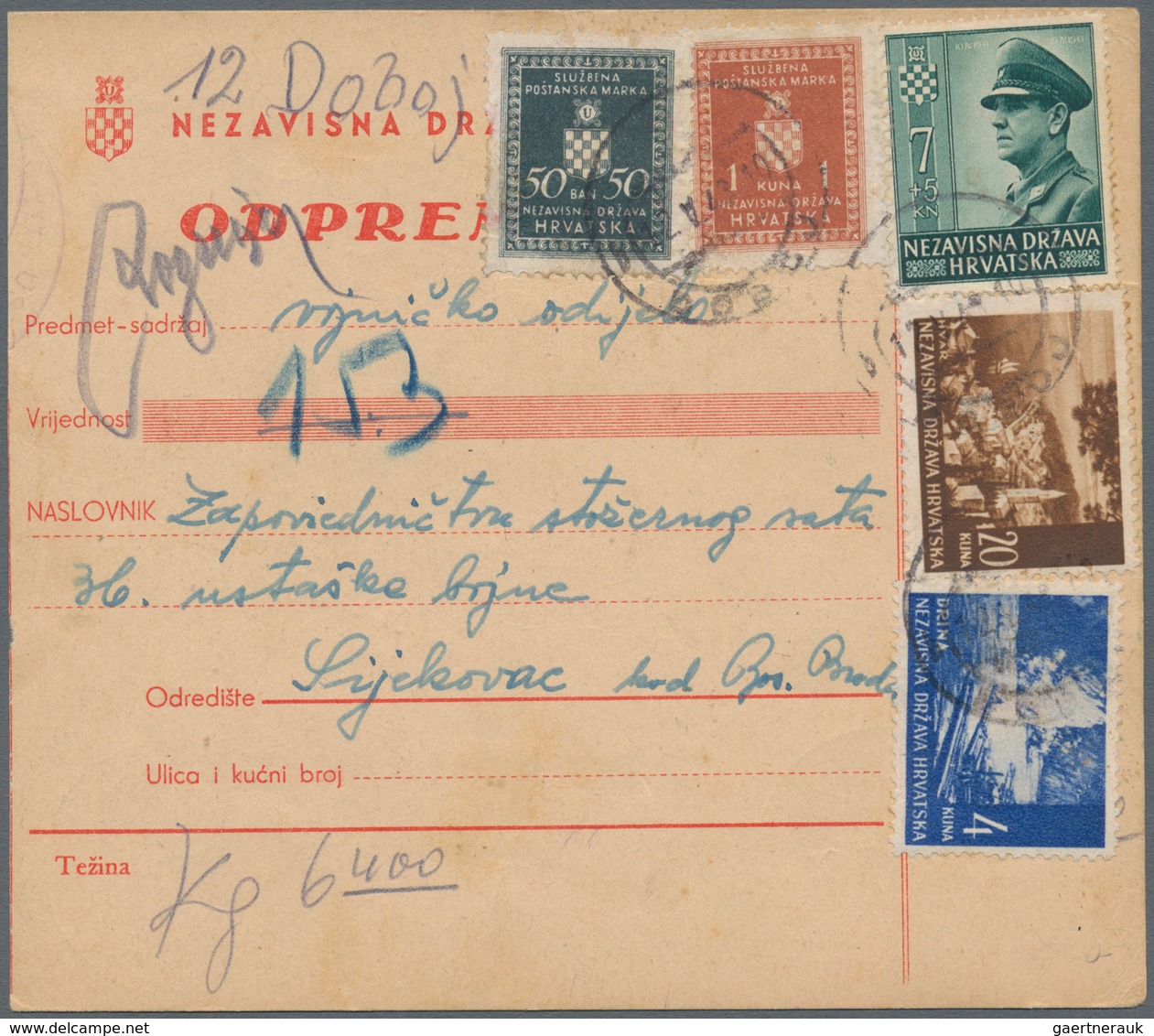 Kroatien: 1943. Parcel Card Accompanying A Parcel Of 6.4 Kg, With Value Declared Of 153K, Containing - Croatia