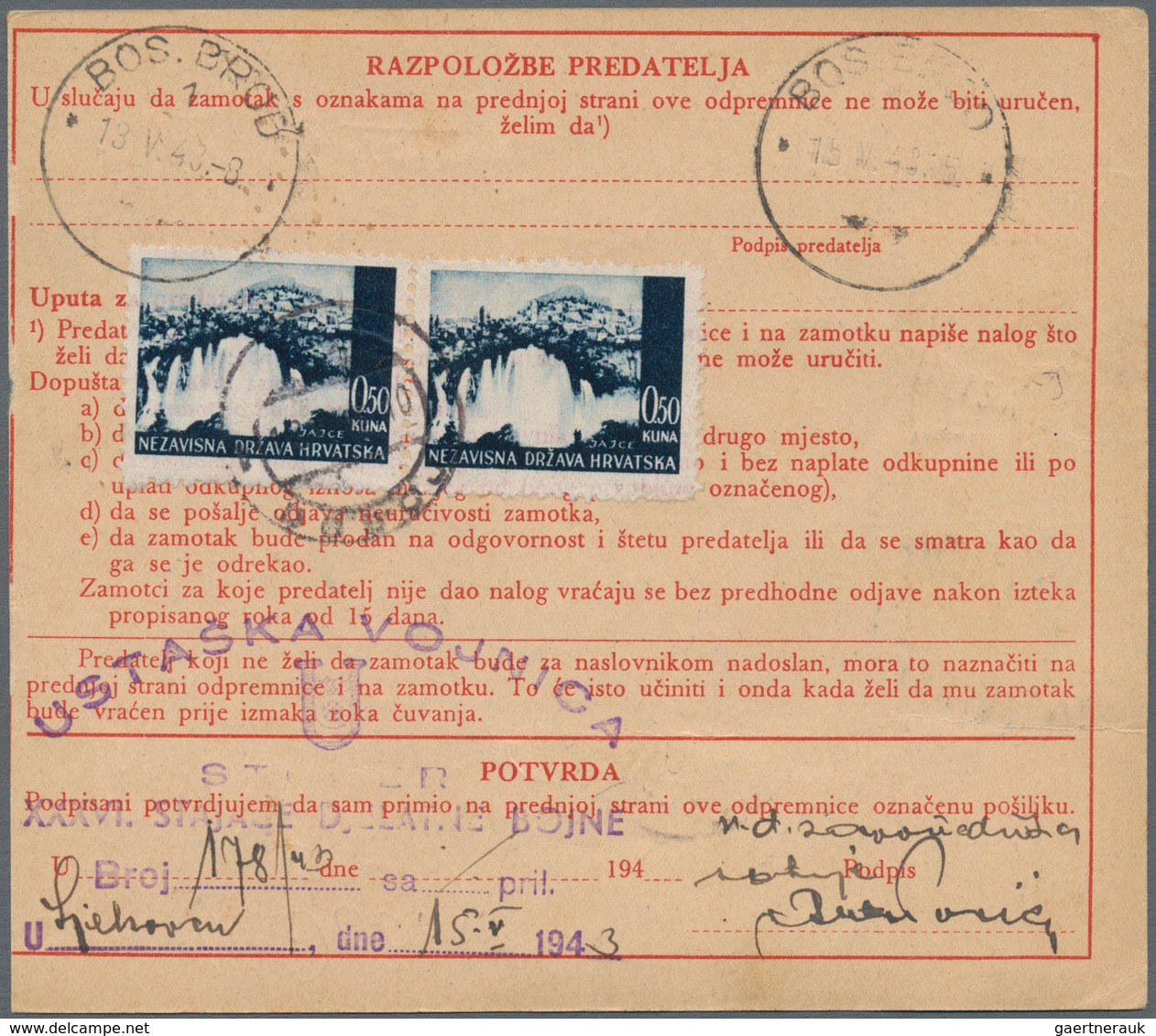 Kroatien: 1943. Parcel Card Accompanying A Parcel Of 6.4 Kg, With Value Declared Of 153K, Containing - Croatia