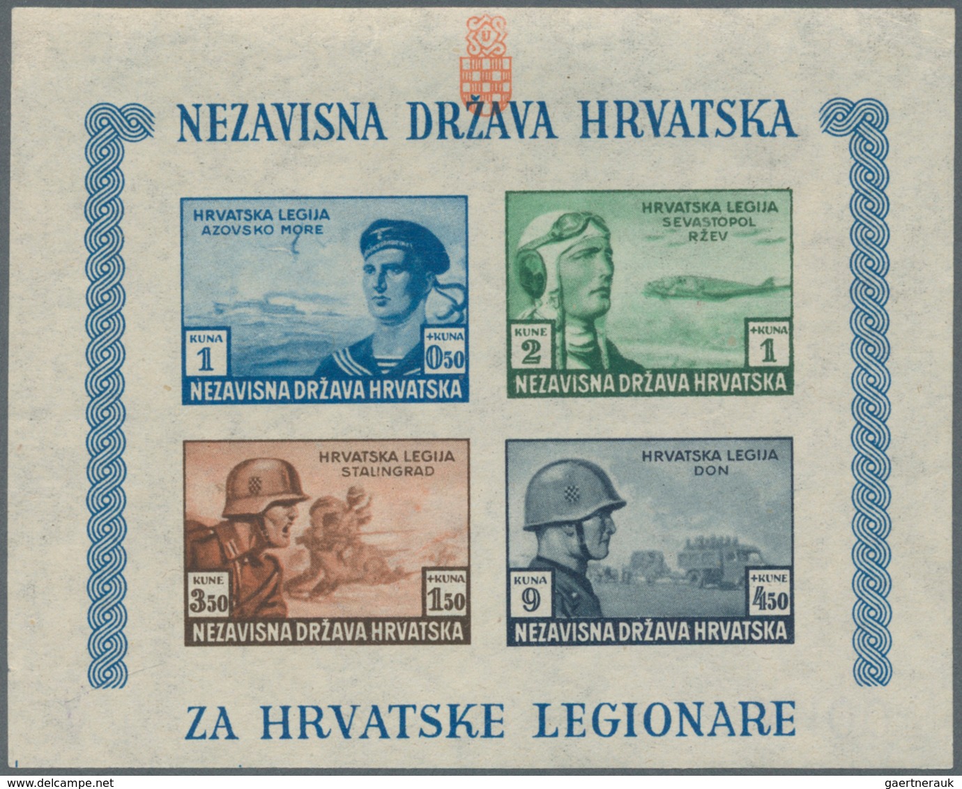 Kroatien: 1943, July 15th, Croat Legion Relief Fund, 1 K + 0,50 K Dark Blue, 2 K + 1 K Dark Green, 3 - Croatia