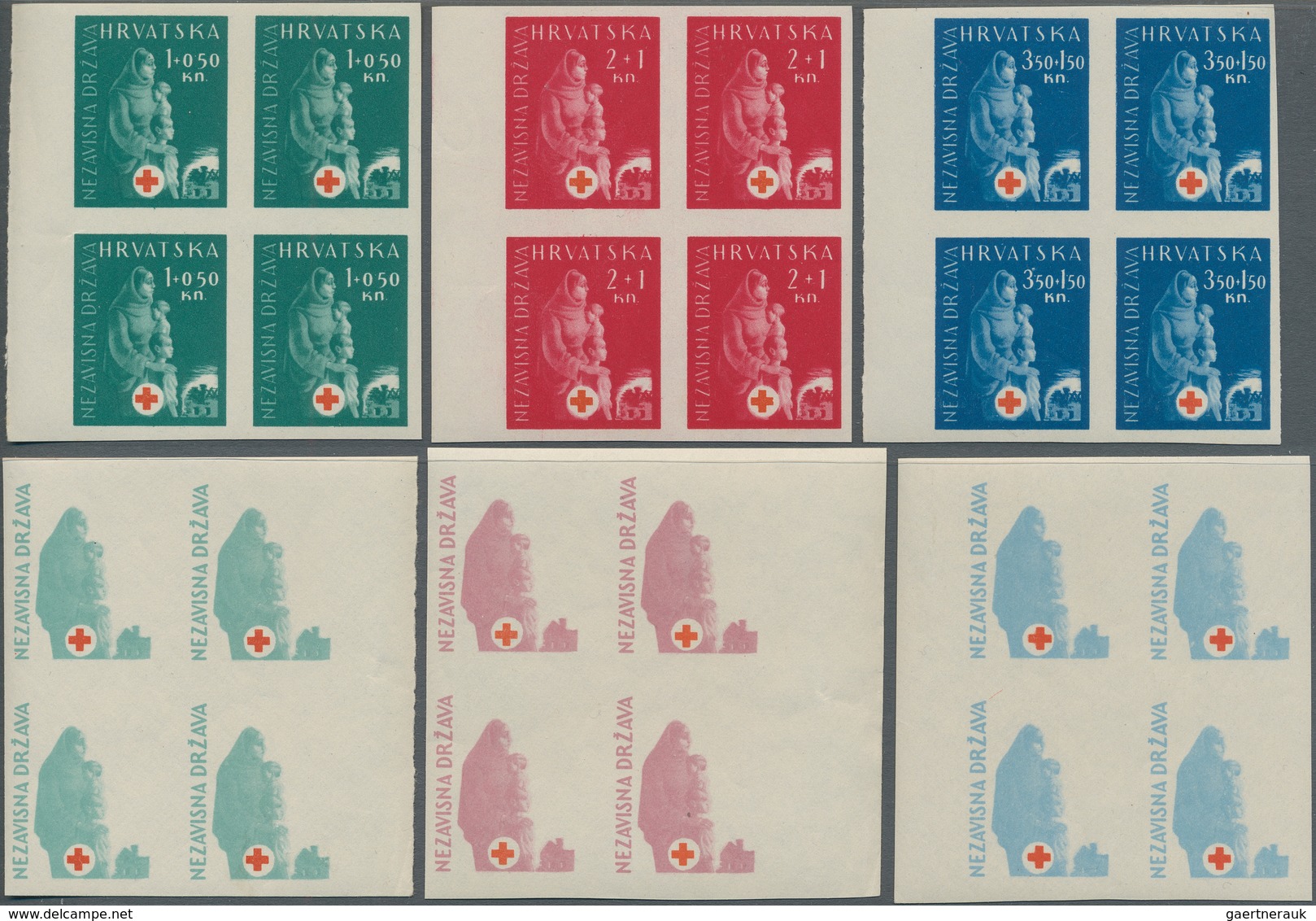 Kroatien: CROATIA: 1943. Red Cross Fund. Two sets of ten in mint never hinged marginal blocks of fou