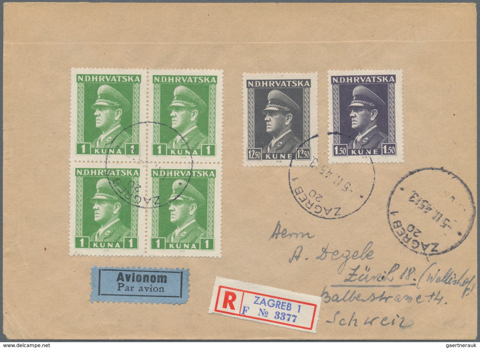 Kroatien: 1945. Registered Airmail Letter To Switzerland Correctly Franked With 18 Kn, Composed Of 1 - Croatia