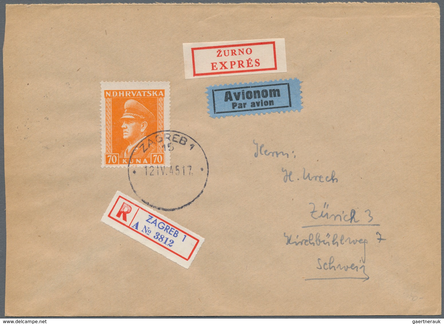 Kroatien: 1945. Registered, Express Letter Airmailed To An Address In Switzerland Bearing A Single F - Croatia