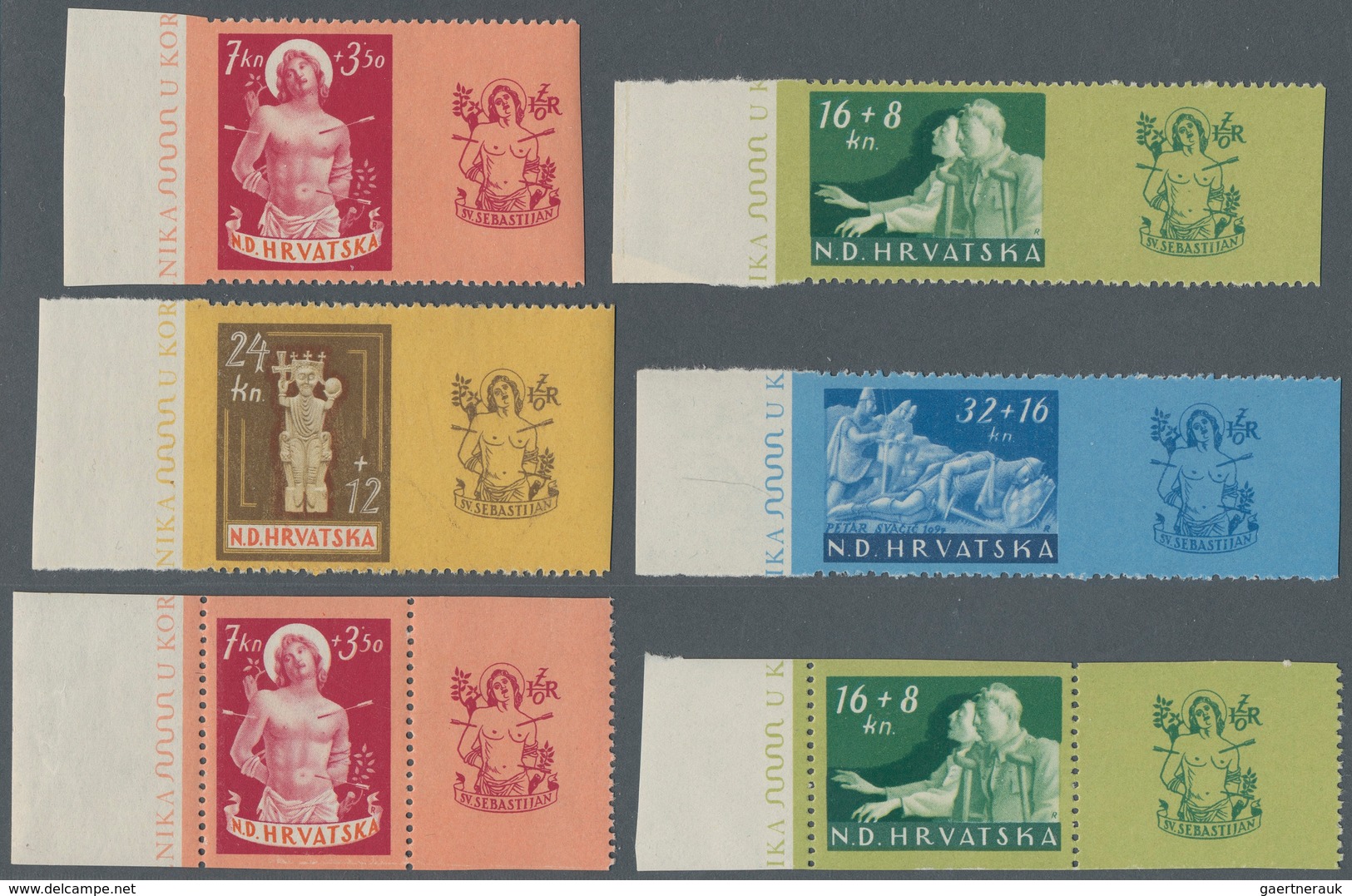 Kroatien: 1944. War Invalids Relief Fund. 7K + 3,50 K Claret, Red And Rose, 16 K + 8 K Blue-green An - Croatia