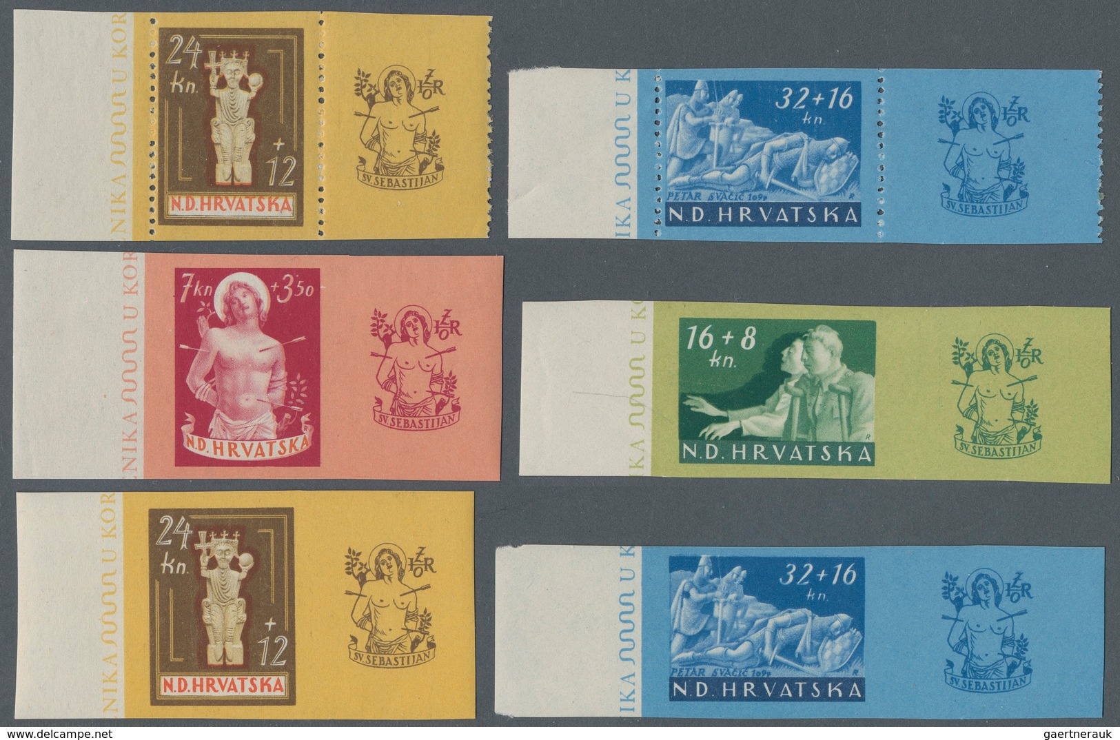 Kroatien: 1944. War Invalids Relief Fund. 7K + 3,50 K Claret, Red And Rose, 16 K + 8 K Blue-green An - Croatia