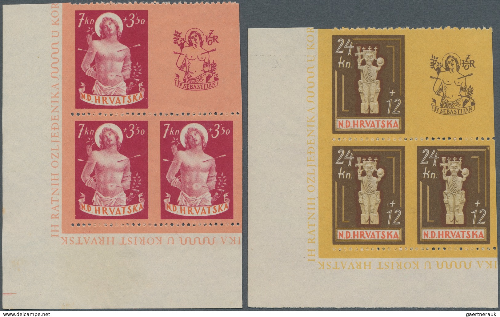 Kroatien: 1944. War Invalids Relief Fund. PHASE PRINTS/COLOUR PROOFS. Two complete sets in matched b