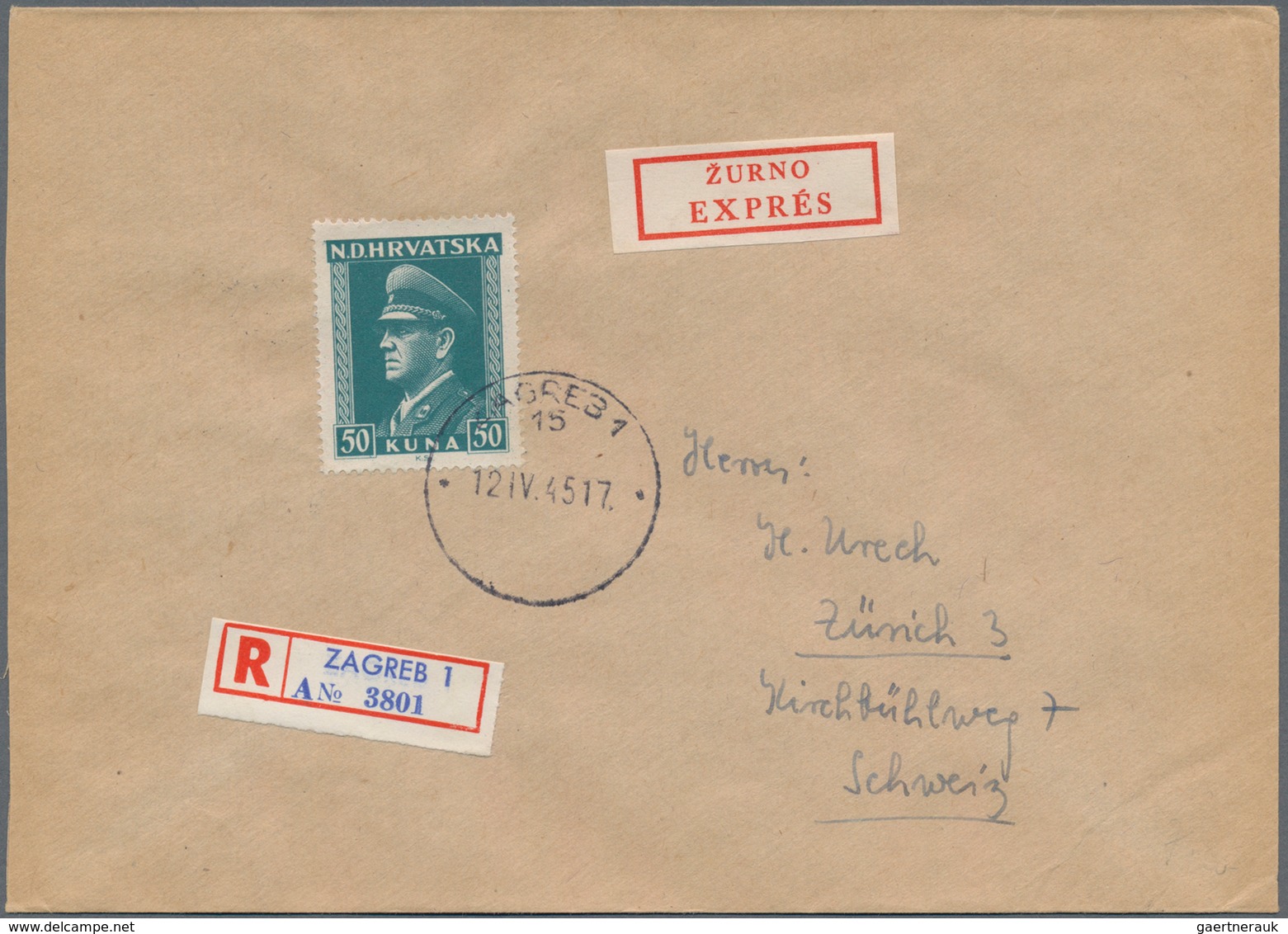 Kroatien: 1945. Registered, Express Letter To Switzerland Bearing SINGLE FRANKING Of 50 K Bluish-gre - Croatia