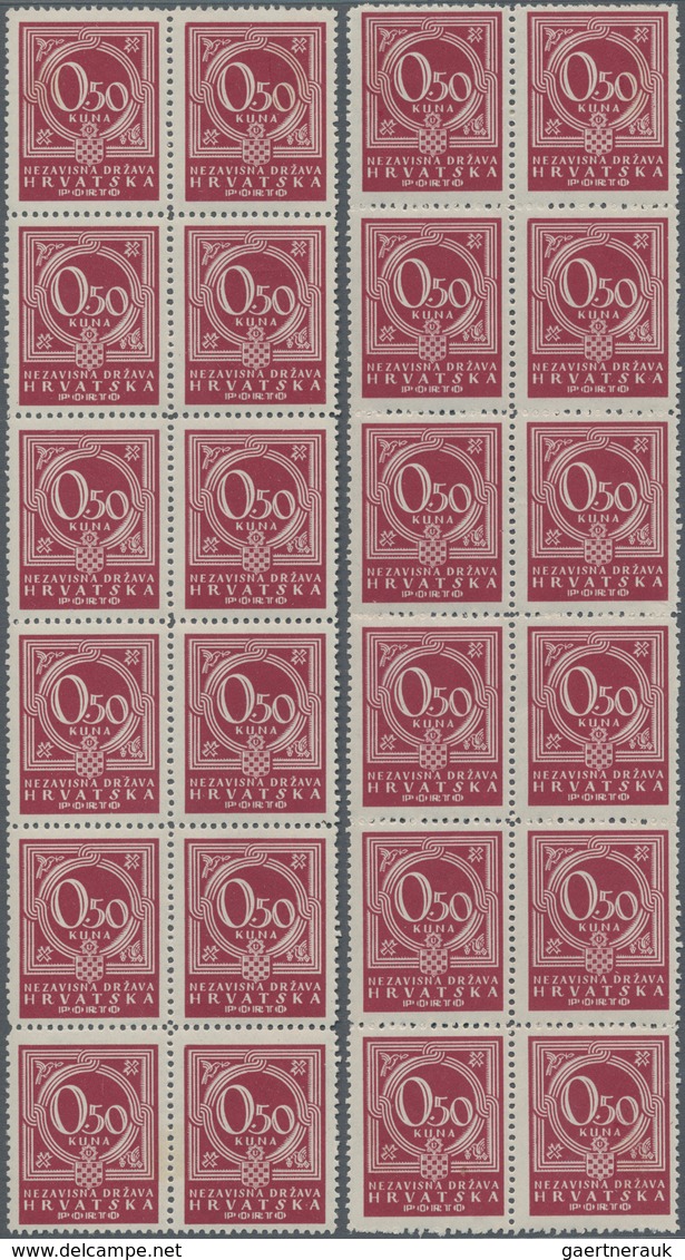 Kroatien - Portomarken: 1941. 0,50 K Claret Postage Due. Two Mint Never Hinged Blocks Of Twelve With - Kroatië