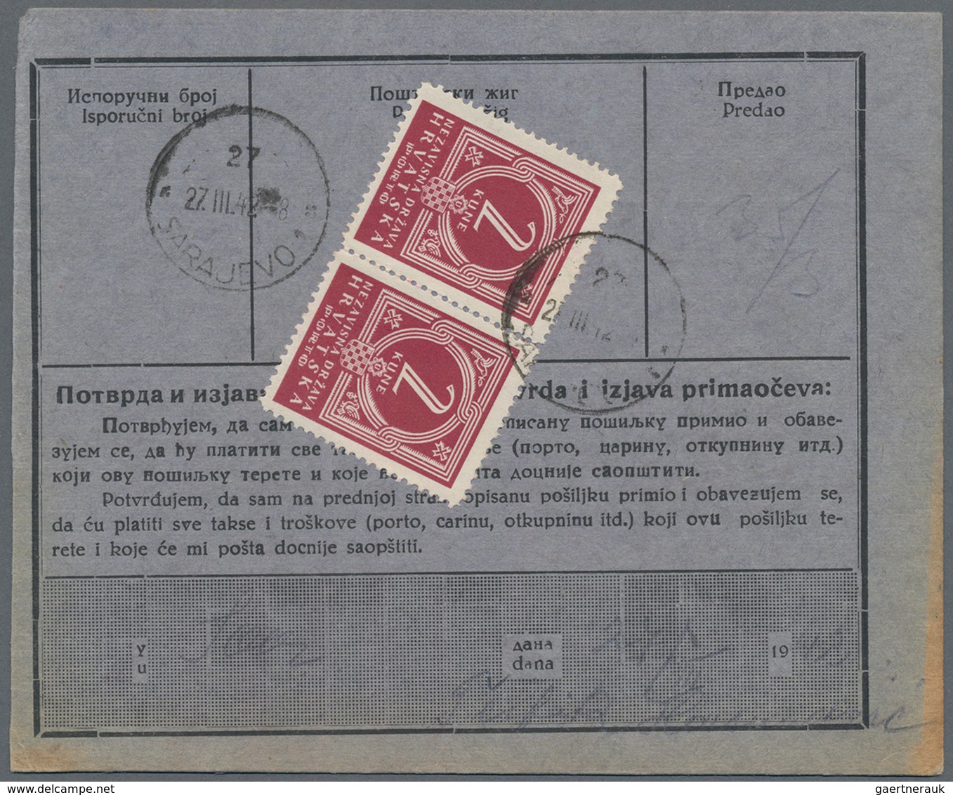 Kroatien - Portomarken: 1942. Black/Grey-blue Old Type Repalcement Parcel Card ("Naknadni Sprovodni - Kroatië