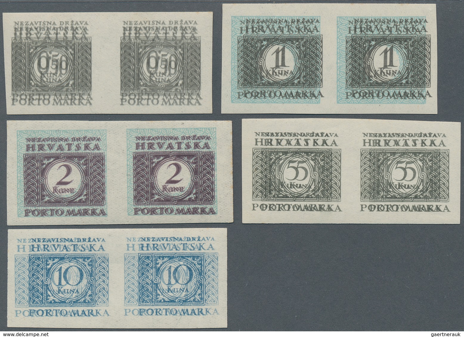 Kroatien - Portomarken: 1943/1944. Postage Due. 0,50K Grey-brown, 1 K Grey-brown/light Blue, 5 K Gre - Croatia