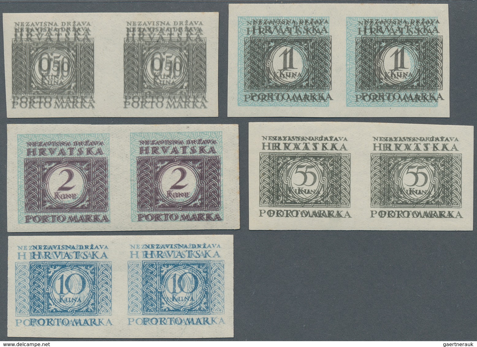 Kroatien - Portomarken: 1943/1944. Postage Due. 0,50K Grey-brown, 1 K Grey-brown/light Blue, 5 K Gre - Kroatië