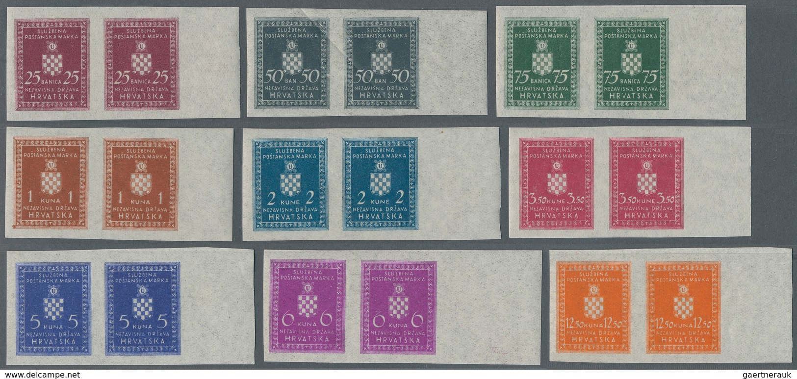 Kroatien - Dienstmarken: 1943/1944: Officials. 20b Claret, 50 B Slate Grey, 75 B Green, 1 K Orage-br - Croatia