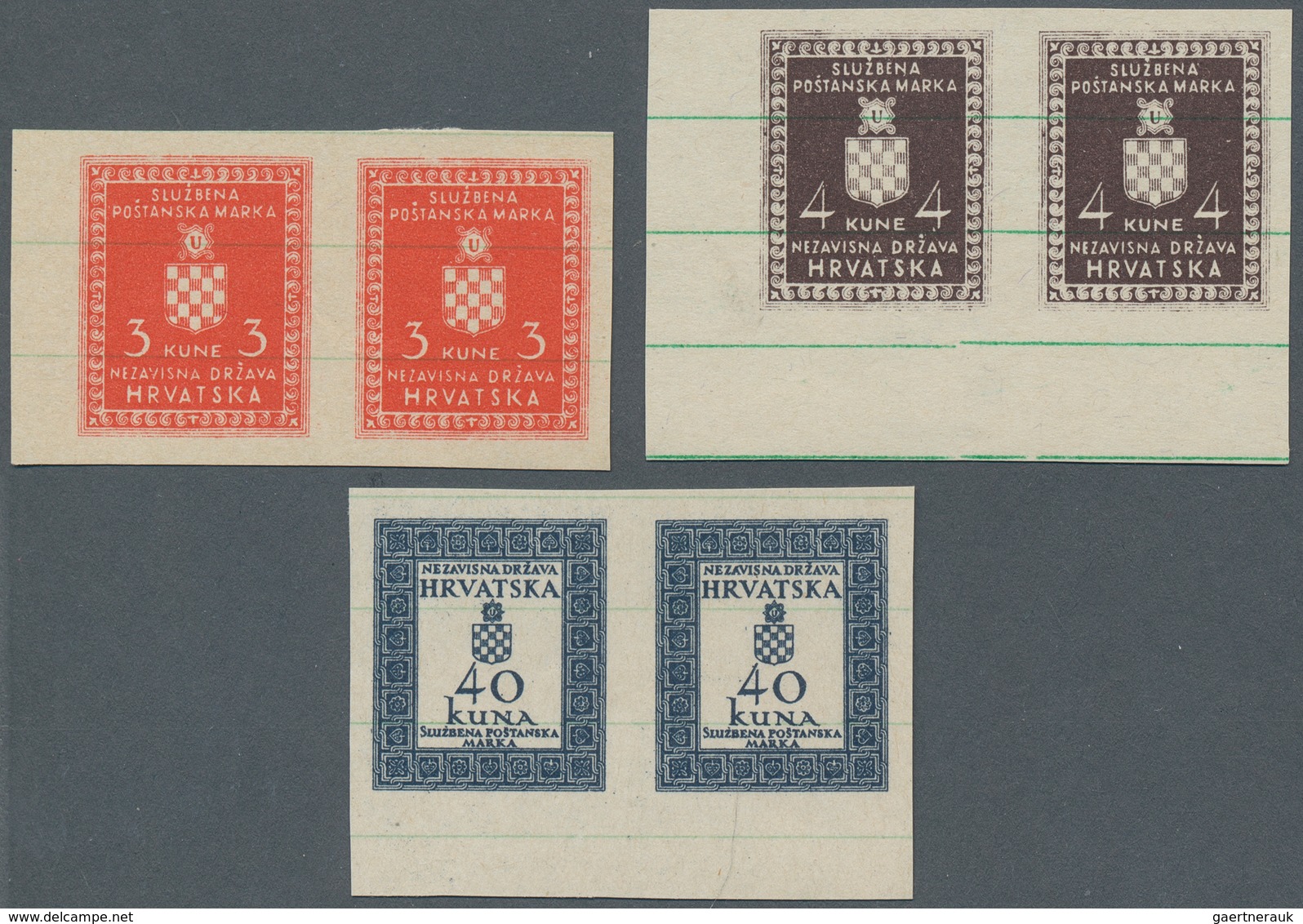 Kroatien - Dienstmarken: 1942. Officials. 3 K Sarlet, 4 K Brown-violet And 40 K Blue-black, Imperfor - Kroatië
