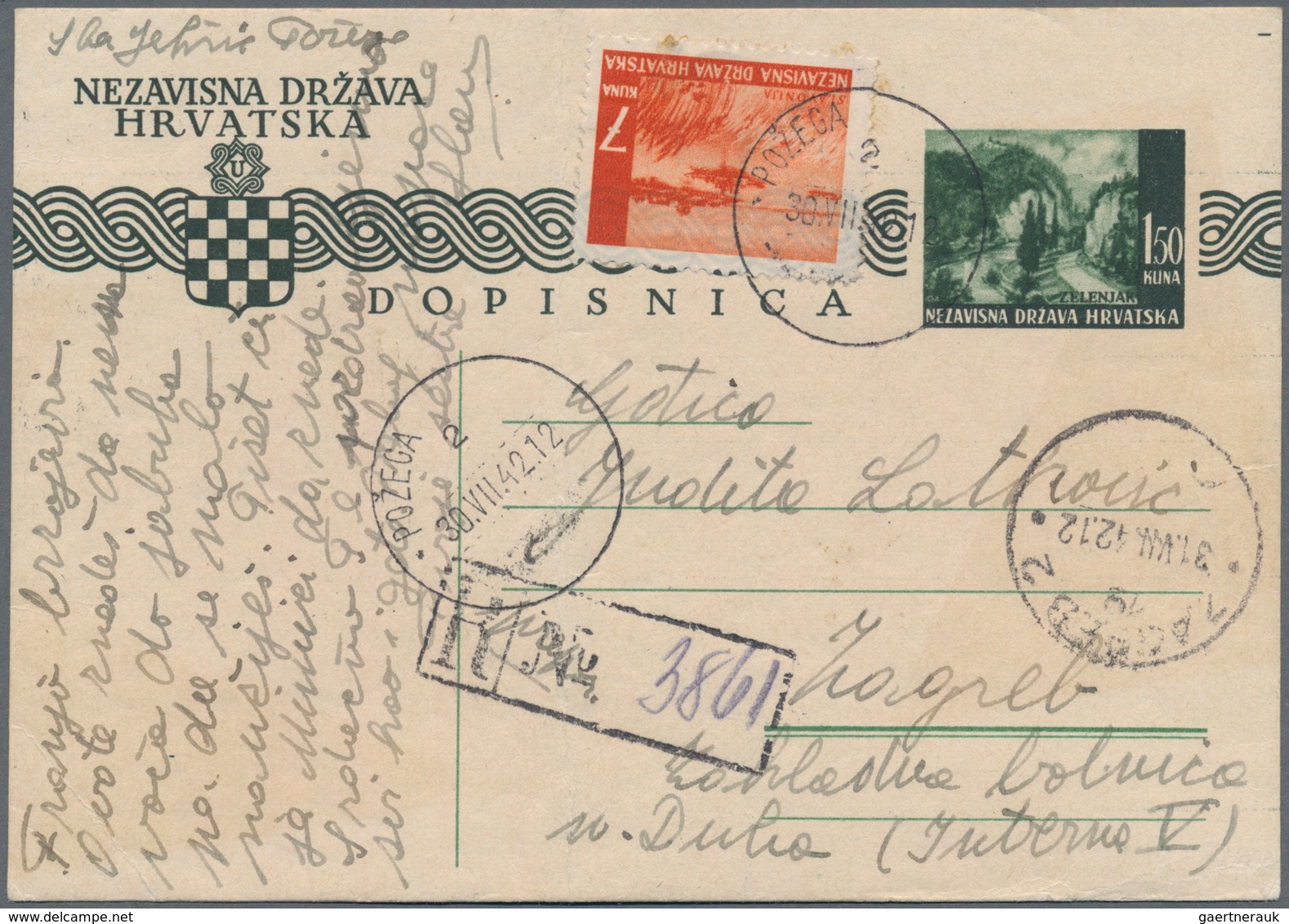 Kroatien - Ganzsachen: 1942. 1.50K Deep Green And Black/old White Postal Stationary Card, Two Used E - Kroatien