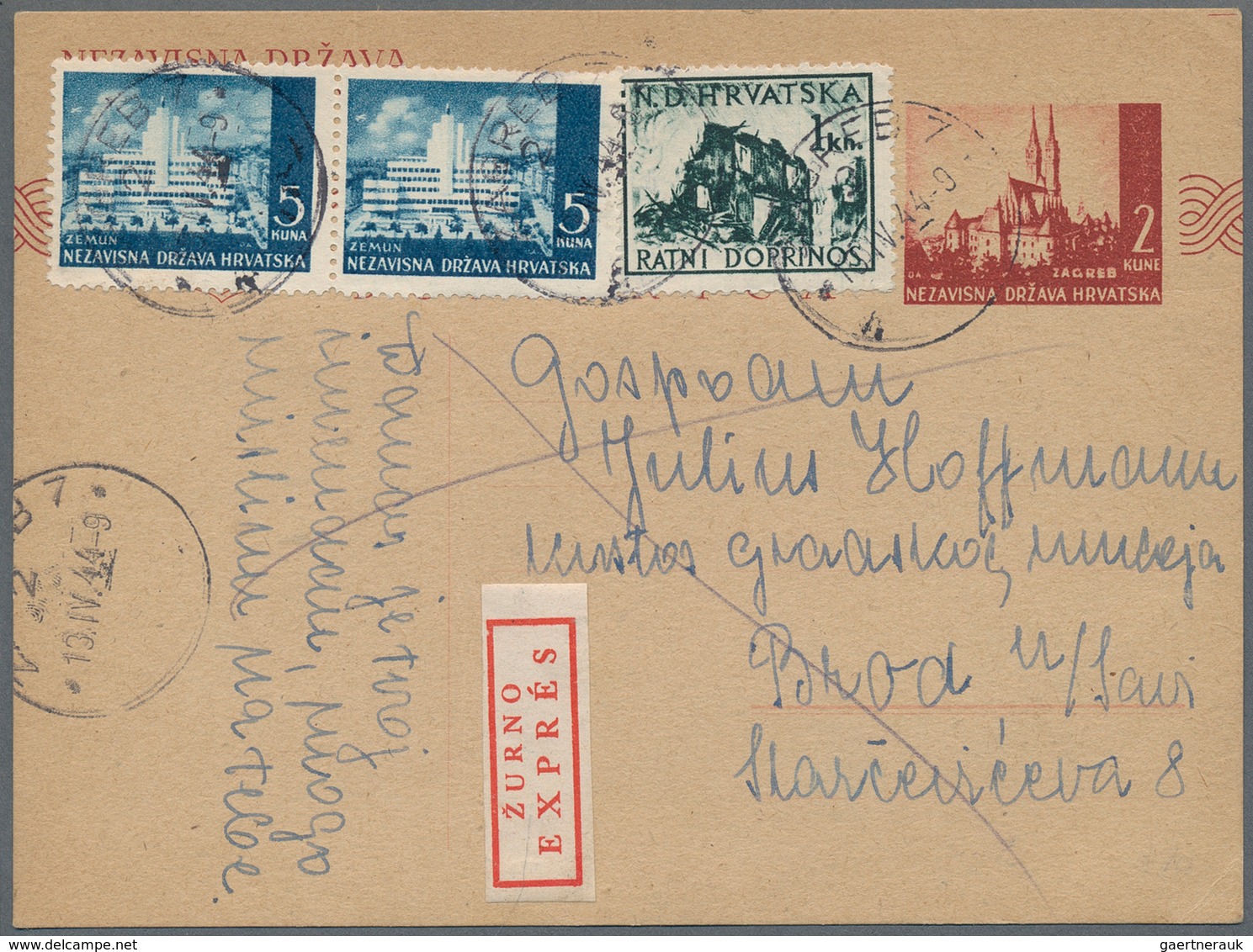 Kroatien - Ganzsachen: 1944. 2 K Brown-carmine Pictorial Stationery Card (without Sunrays), Expresse - Croatie
