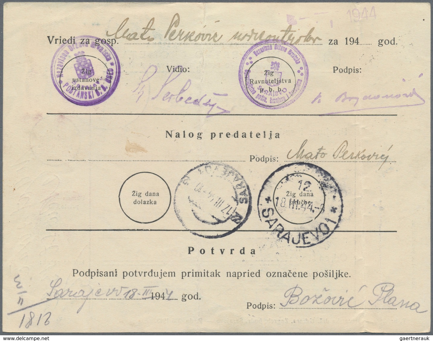 Kroatien - Besonderheiten: 1944, Dienst-Paketkarte Von Zupanja (14.3.1944) Nach Sarajevo, Für Paket - Kroatien