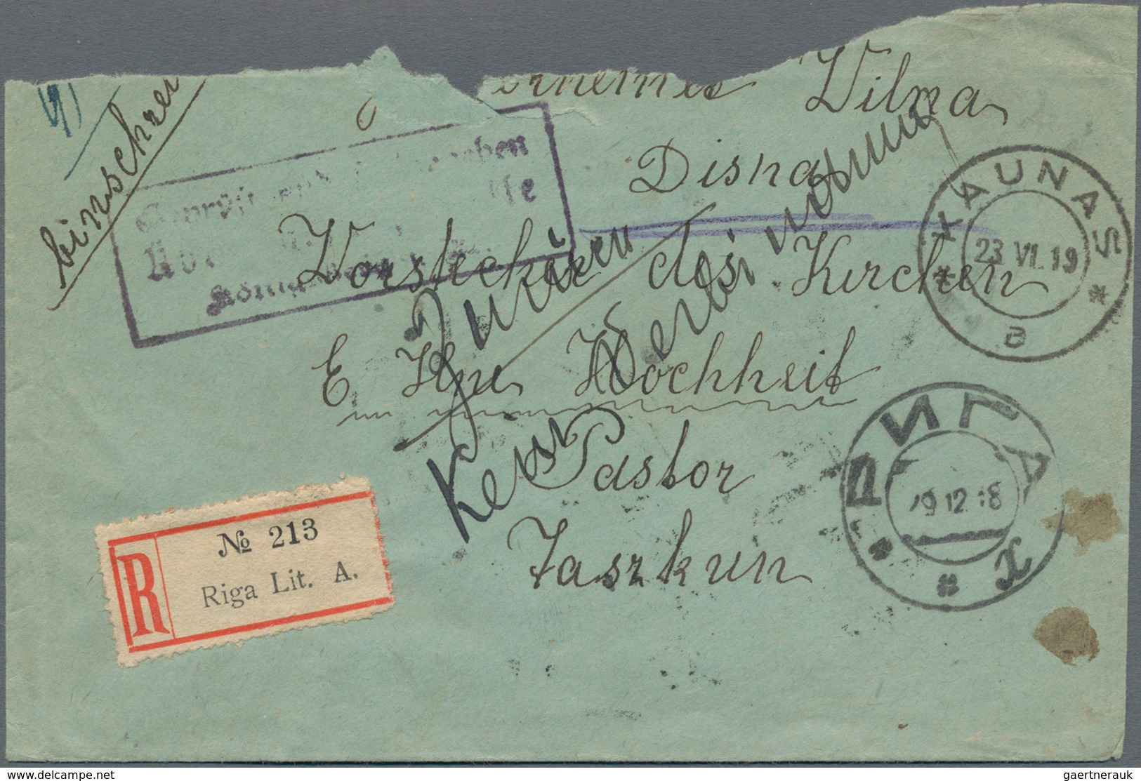 Lettland: 1918/1919, Registered Letter From " RIGA 19 12 18" With Cyrillic Postmark 29/12/18 Held In - Latvia