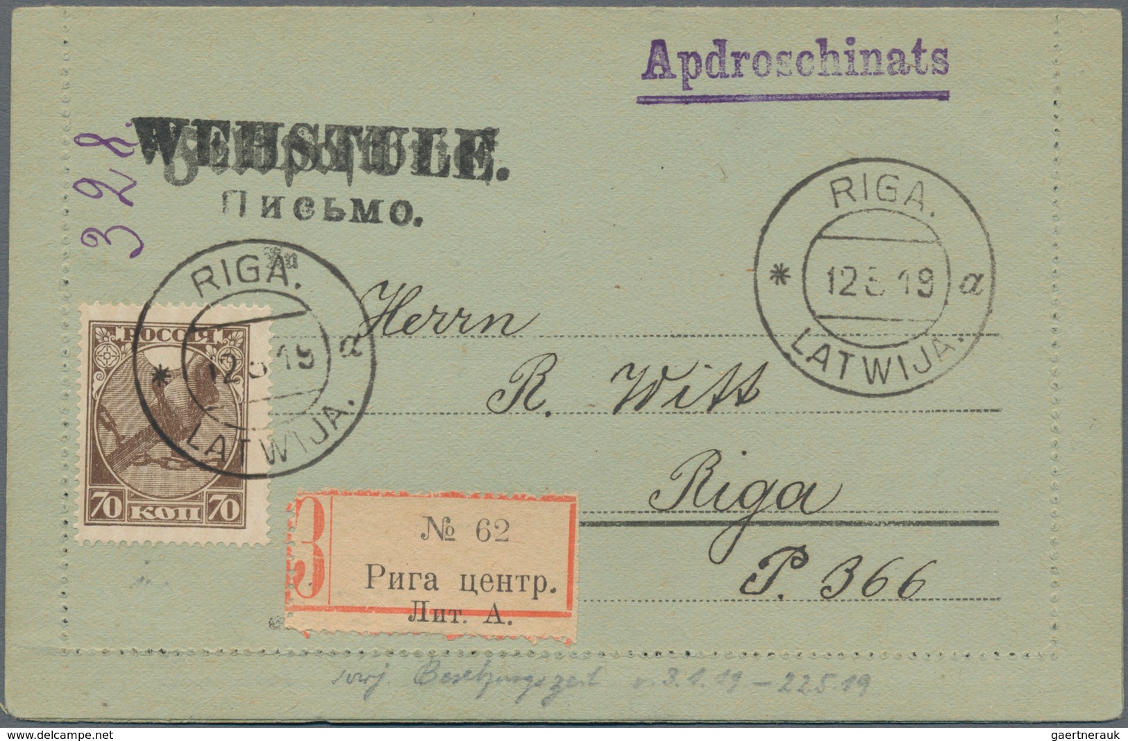 Lettland: 1919, Registered Card Letter Within " RIGA LATWIJA 12 5 19" With Delivery Receipt. - Latvia