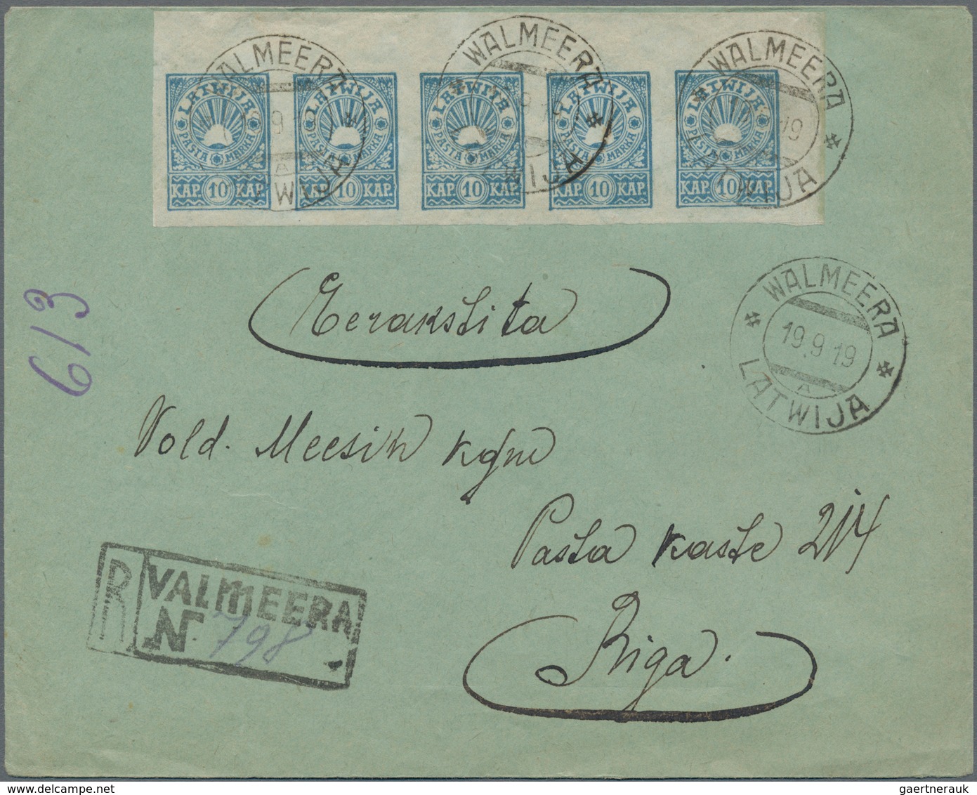 Lettland: 1919, Registered Letter From "WALMEERA 19 9 19" Franked With 10 K. Definitive Strip Of Fiv - Letland