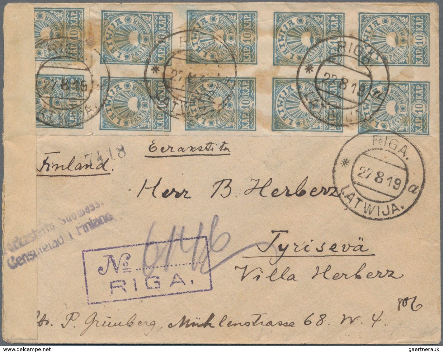 Lettland: 1919, Registered Letter From "RIGA 27.8.19" Franked With 10 K. In Imperforated Block Of Te - Letland