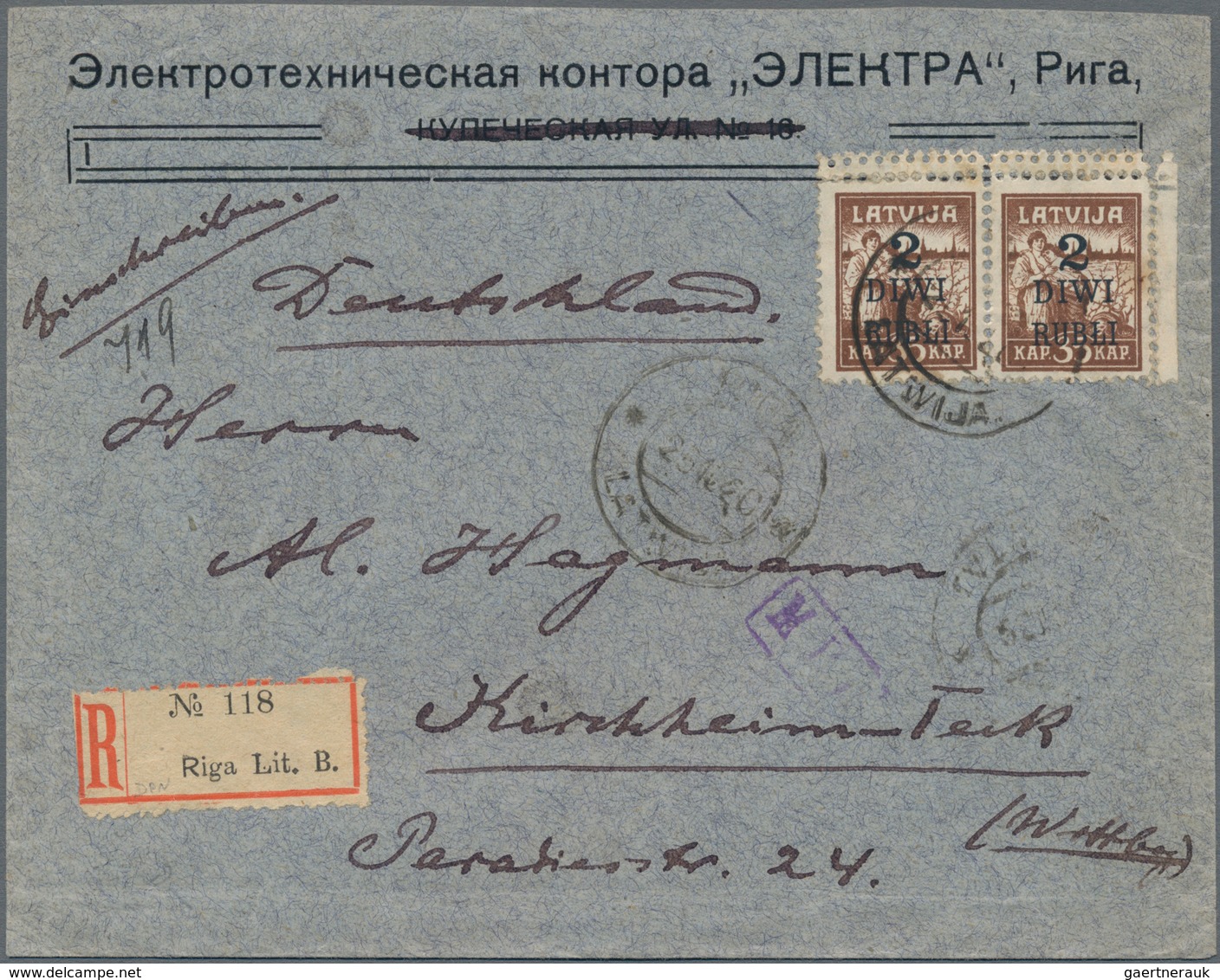 Lettland: 1920, Registered Letter From "RIGA 25.10.20" Franked With Horizontal Pair 2 R On 35 K Brow - Letland