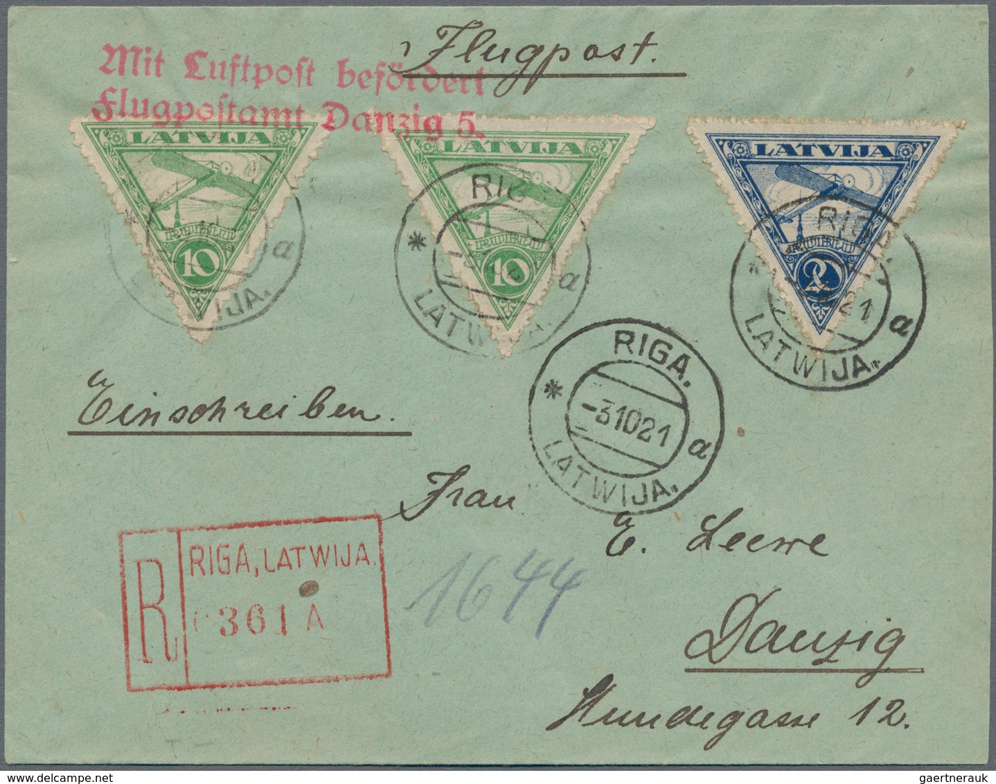 Lettland: 1921, RIGA-DANZIG: Registered Printed Matter And Registered Letter With RIGA "R" Numerator - Lettonie