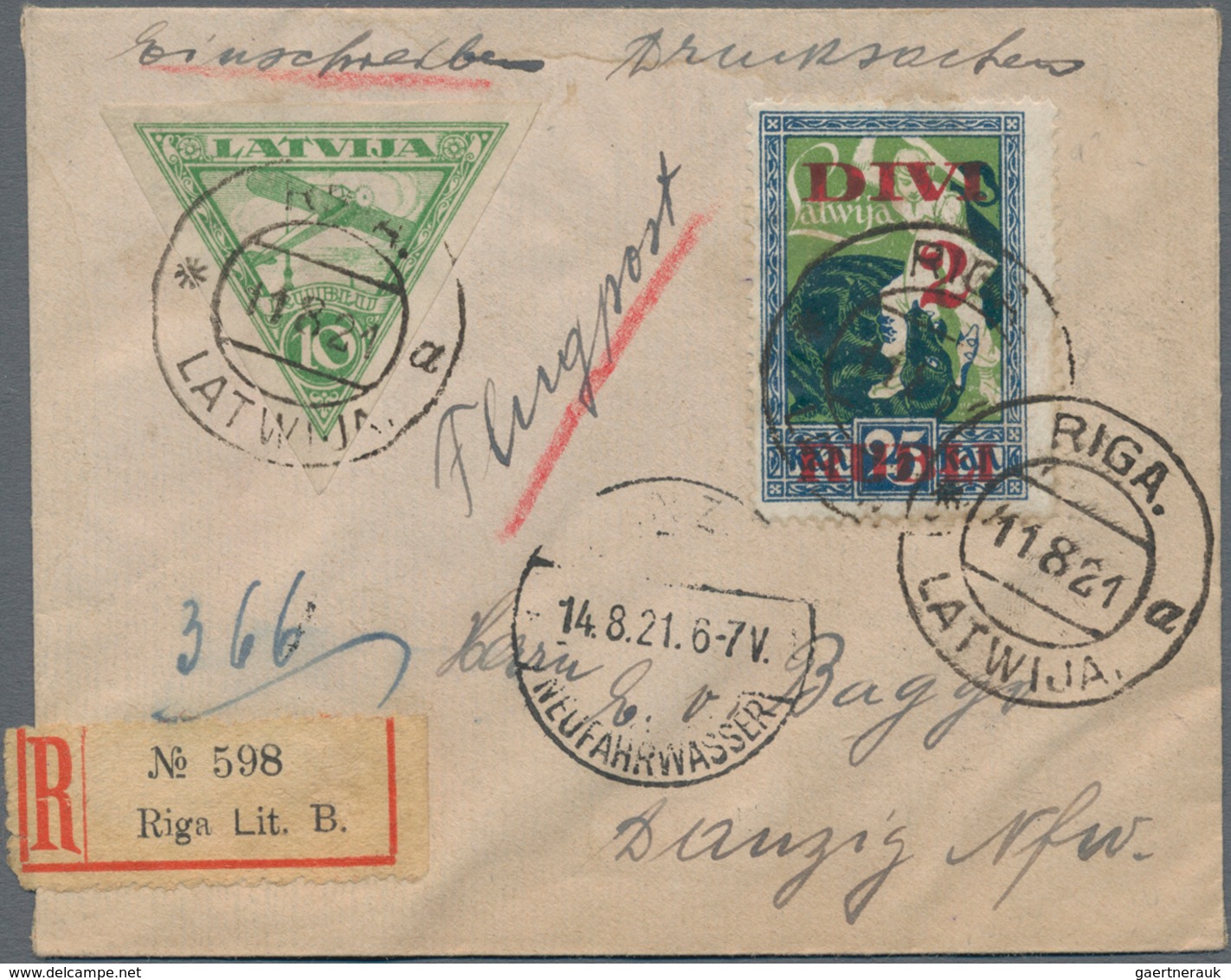 Lettland: 1921, RIGA-DANZIG: Registered Printed Matter And Registered Letter With RIGA "R" Numerator - Latvia