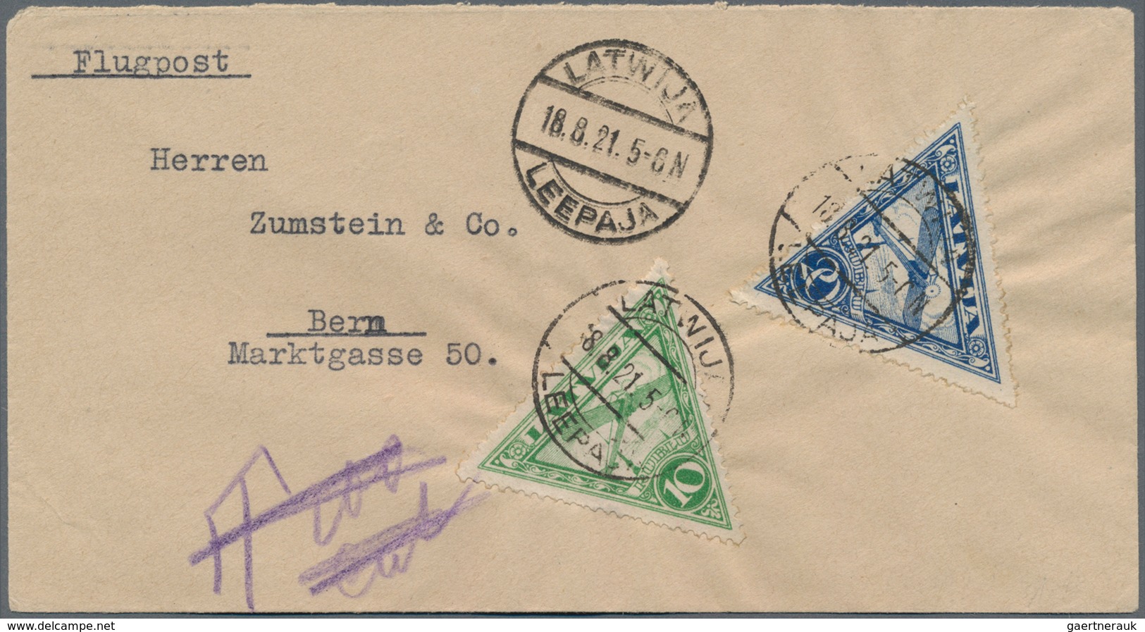 Lettland: 1921 Air Triangles 10r. And 20r., Perforated On Cover From Leepaja (18.8.21) And Both Stam - Letonia