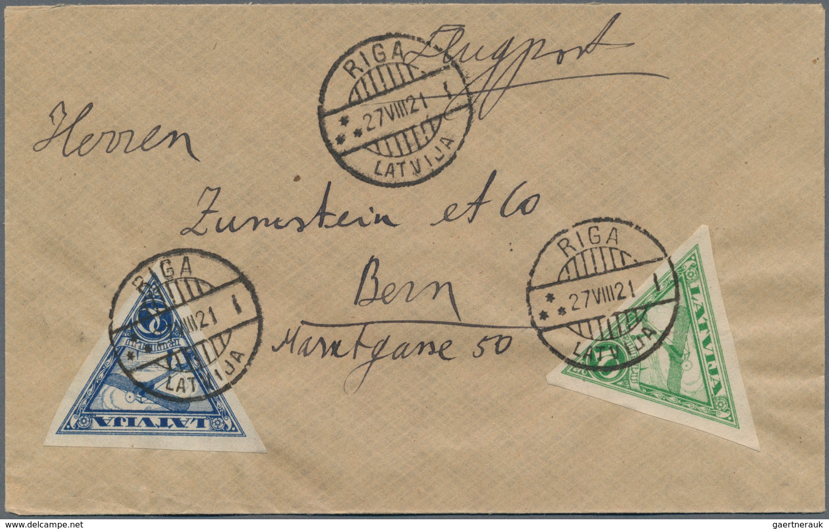 Lettland: 1921 Air Triangles 10r. And 20r., Perforated On Cover From Leepaja (18.8.21) And Both Stam - Letonia